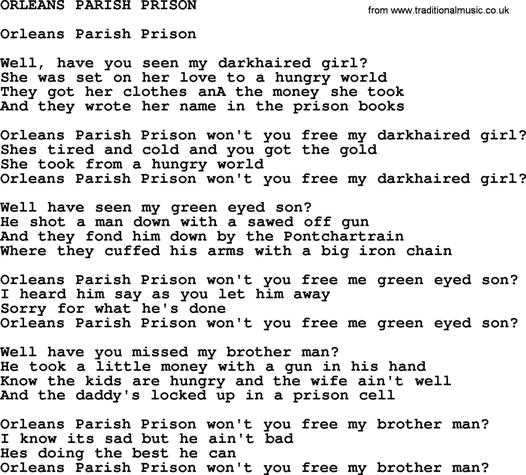 Johnny Cash song Orleans Parish Prison.txt lyrics