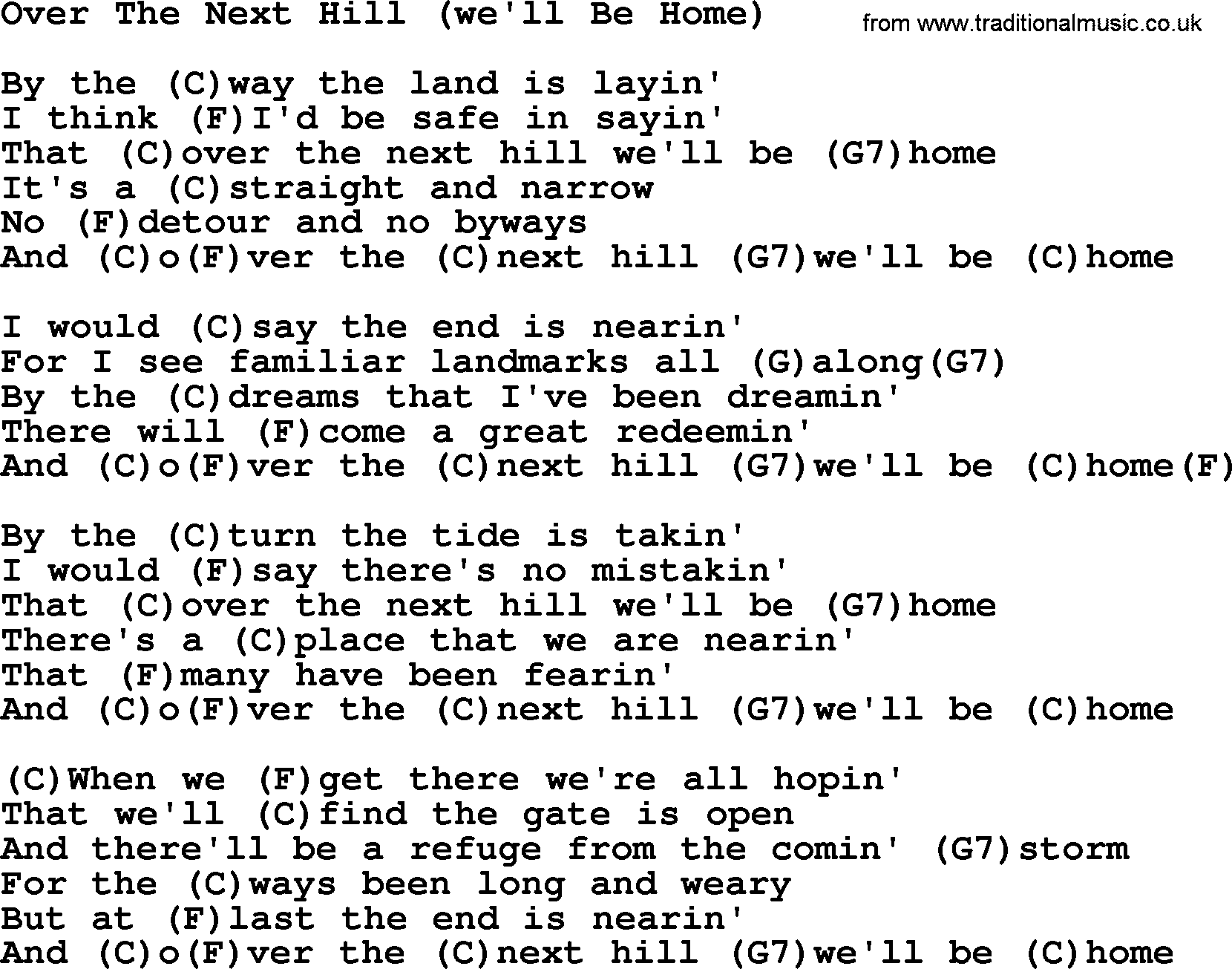 Johnny Cash song Over The Next Hill(We'll Be Home), lyrics and chords