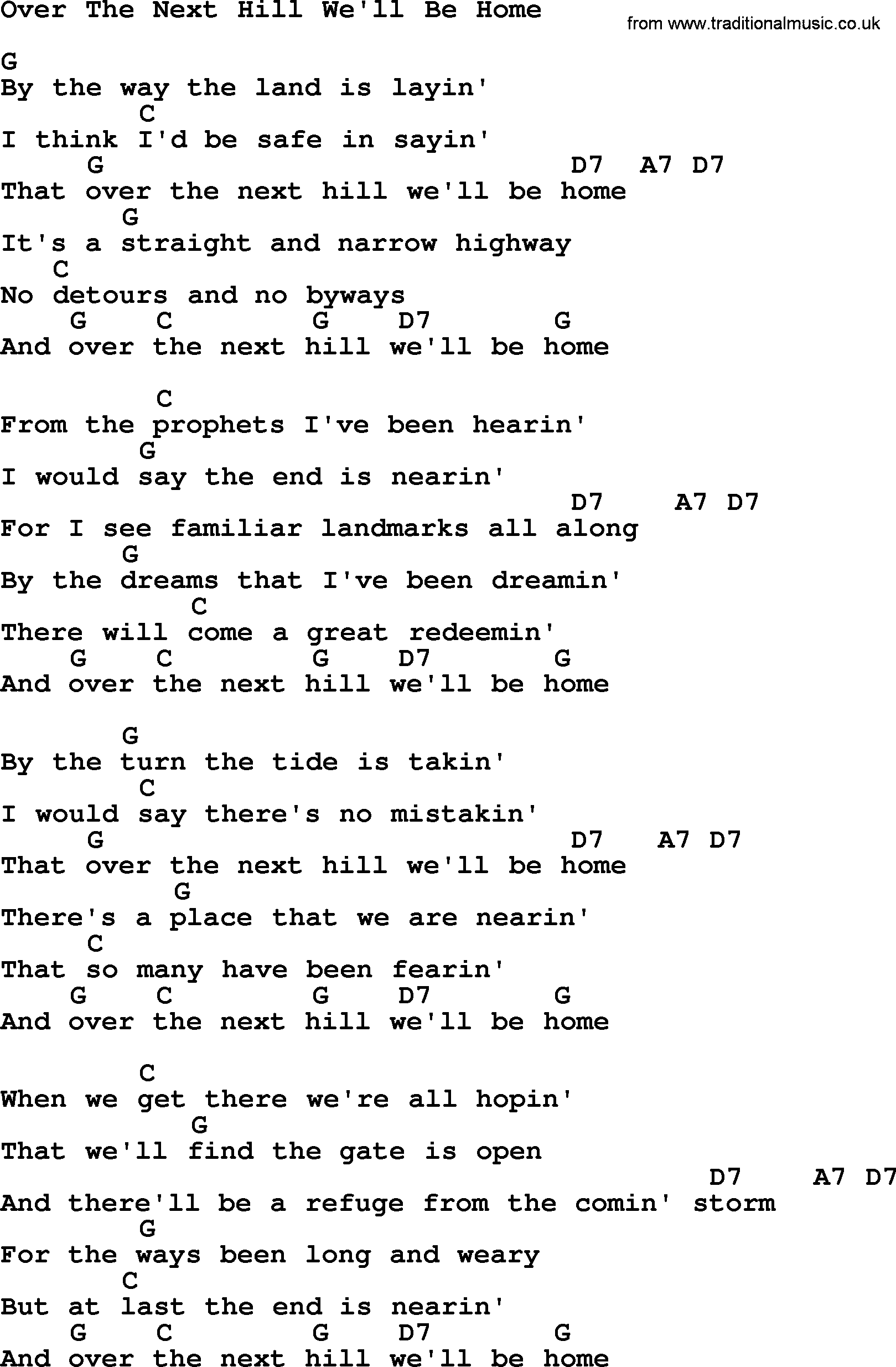 Johnny Cash song Over The Next Hill We'll Be Home, lyrics and chords