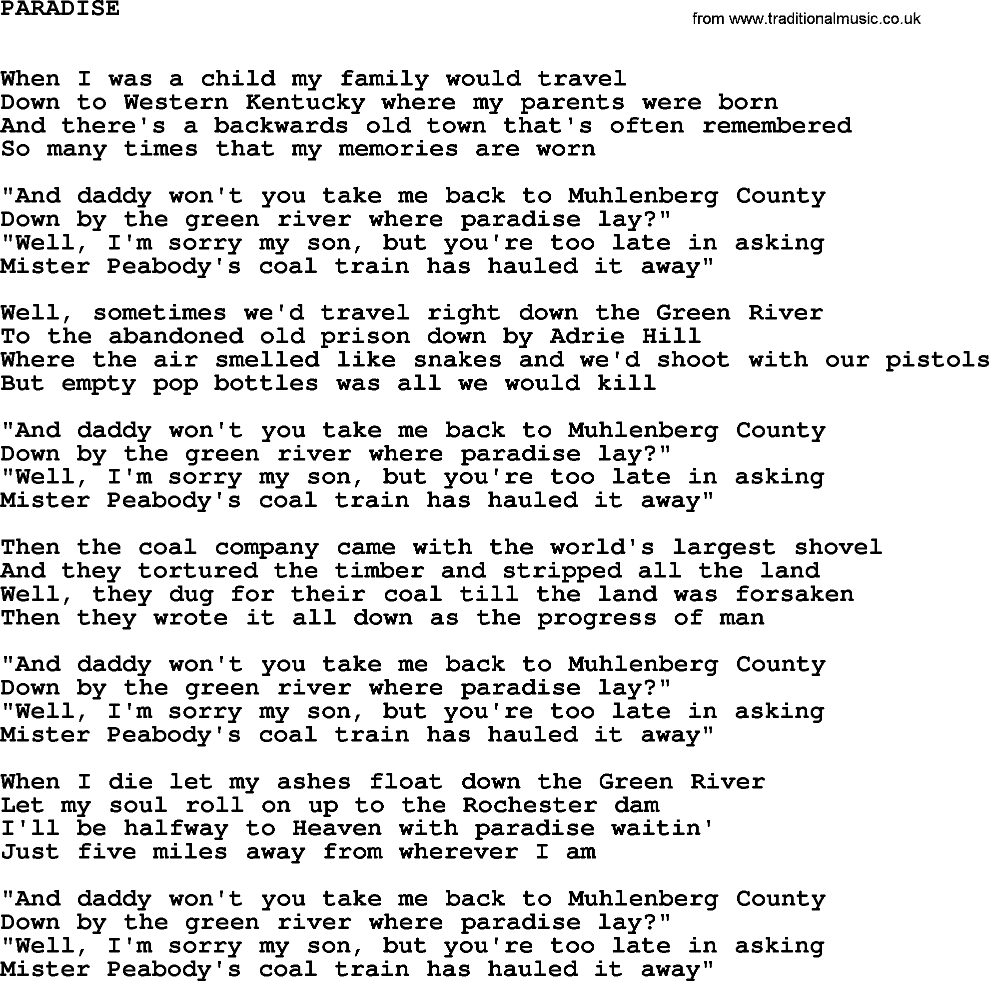Johnny Cash song Paradise.txt lyrics