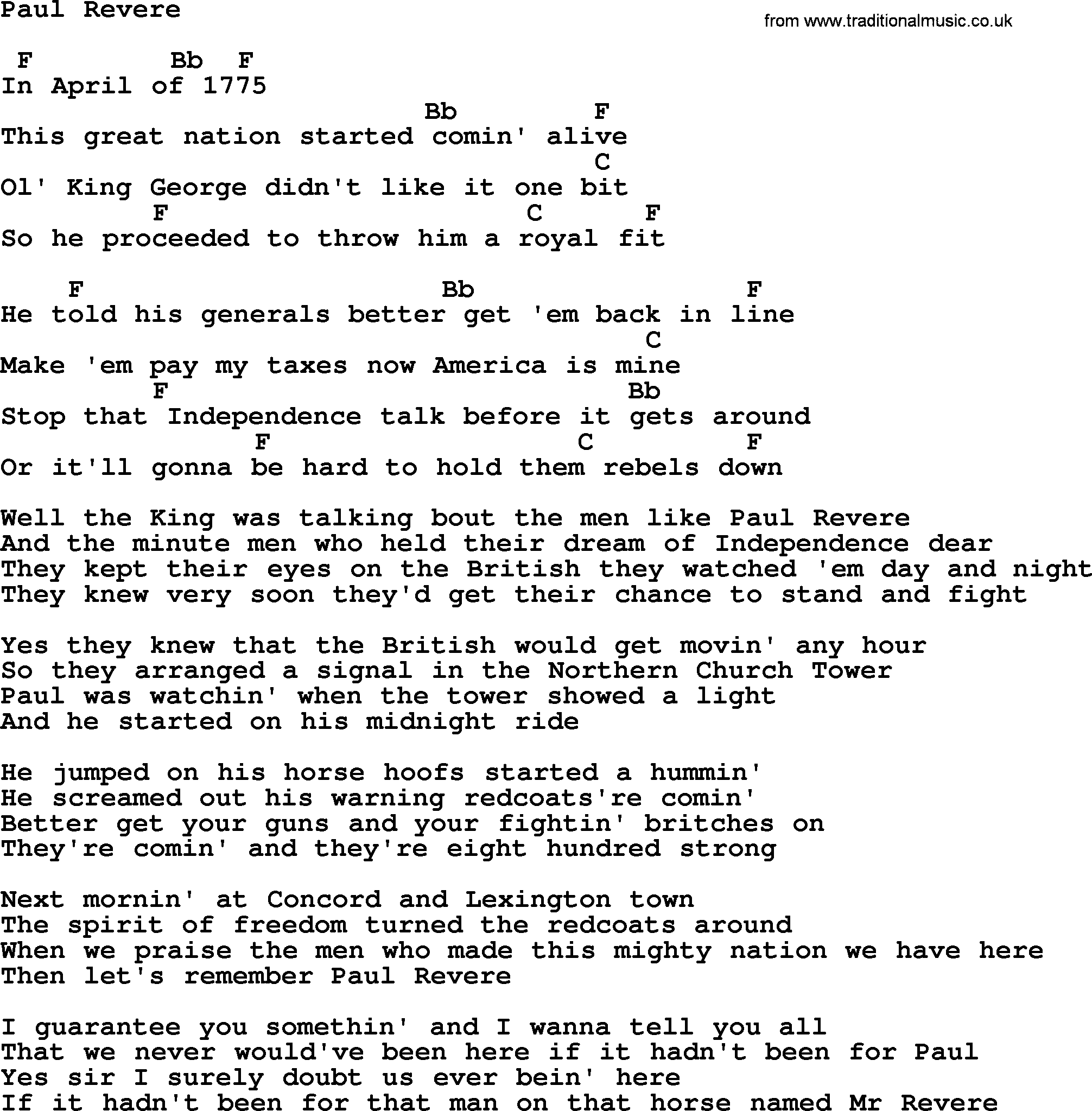 Johnny Cash song Paul Revere, lyrics and chords