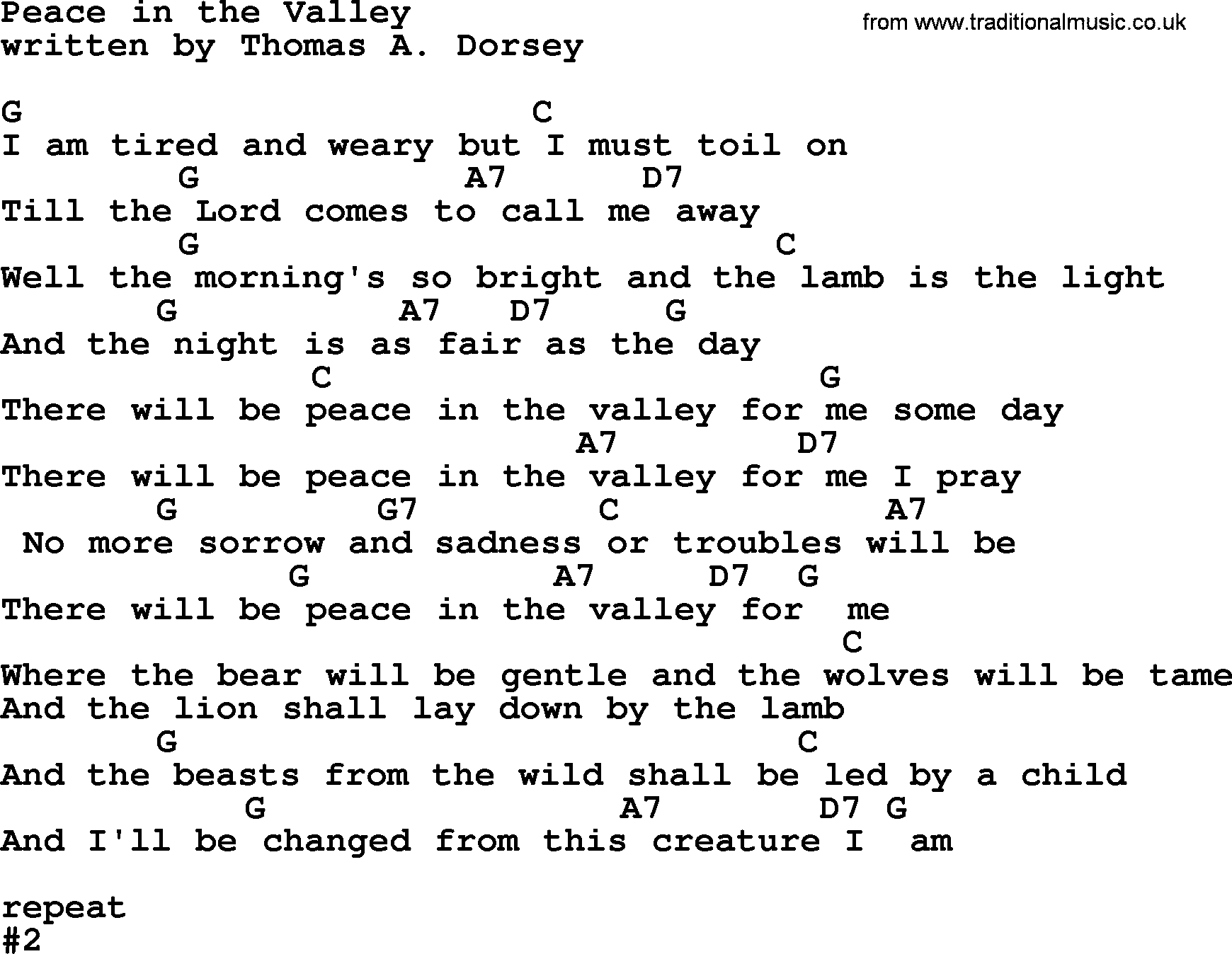 Johnny Cash song Peace In The Valley, lyrics and chords