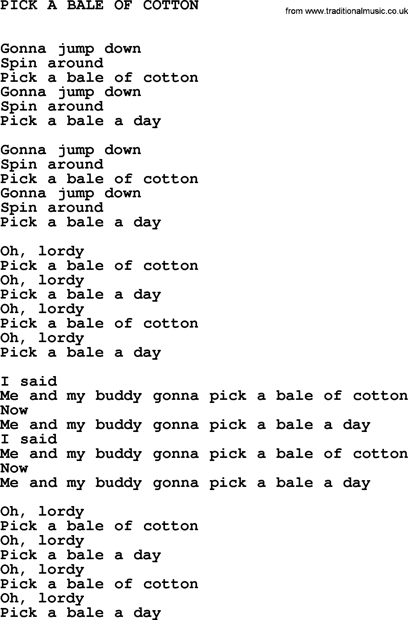 Johnny Cash song Pick A Bale Of Cotton.txt lyrics