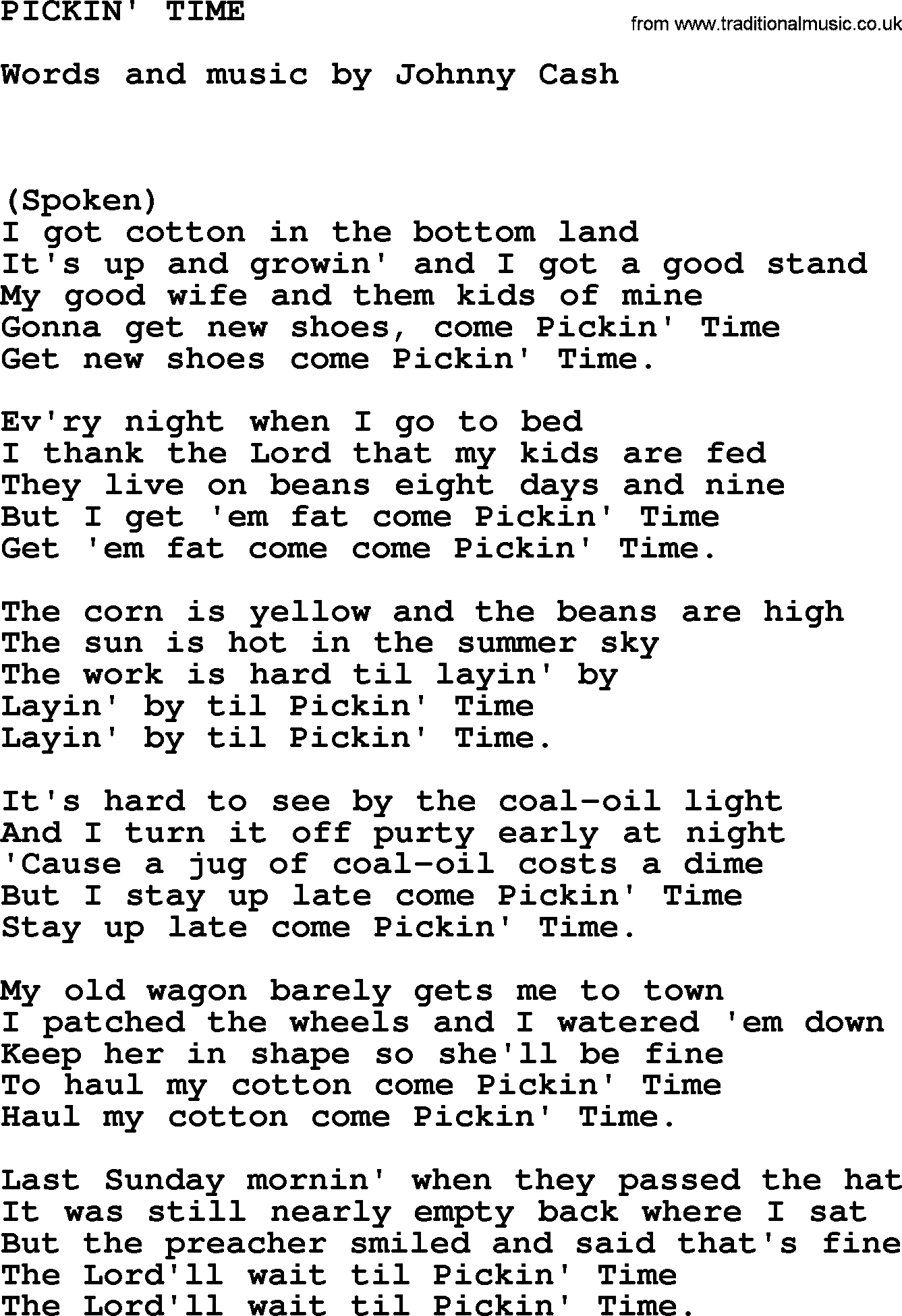 Johnny Cash song Pickin' Time.txt lyrics