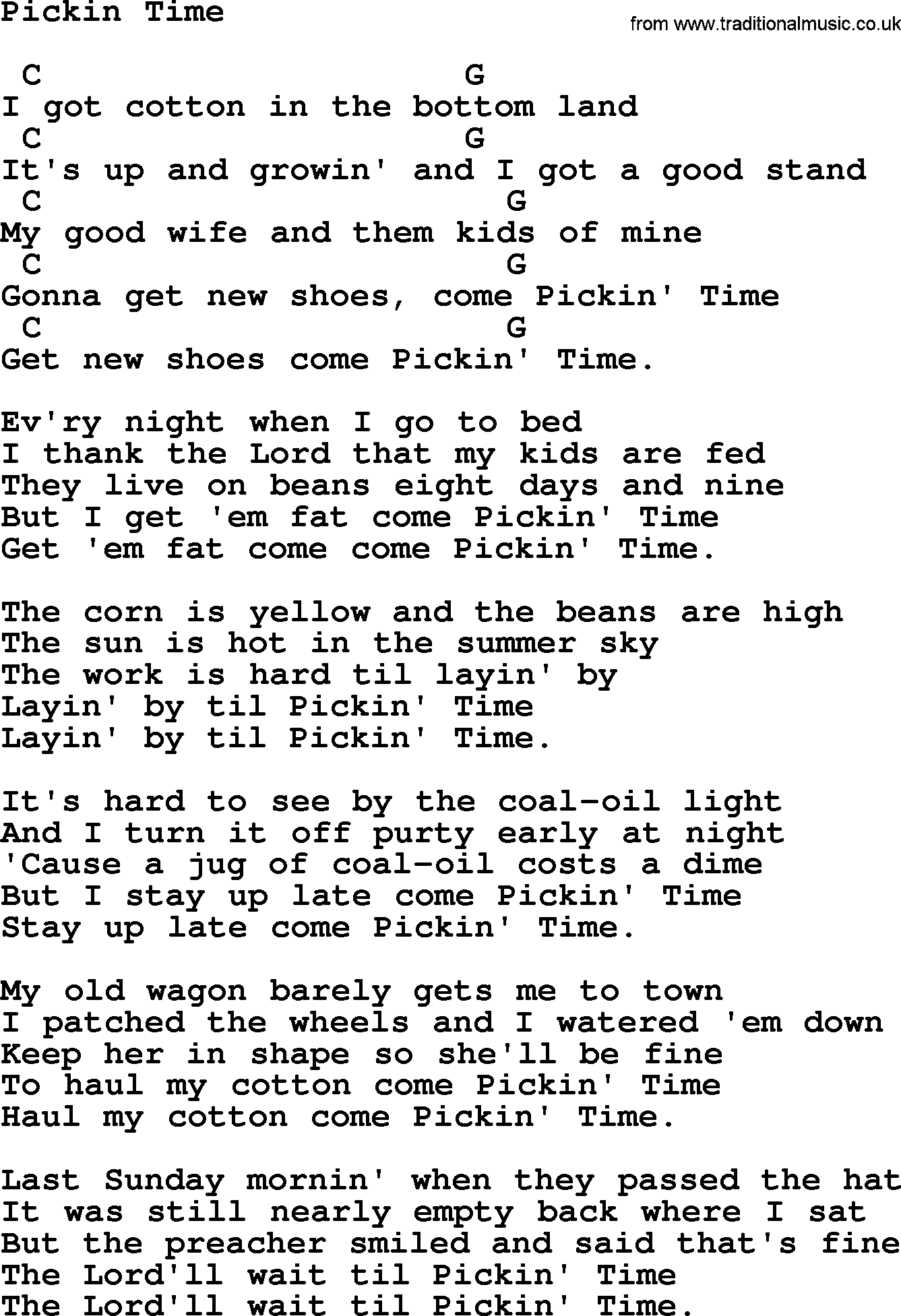 Johnny Cash song Pickin Time, lyrics and chords