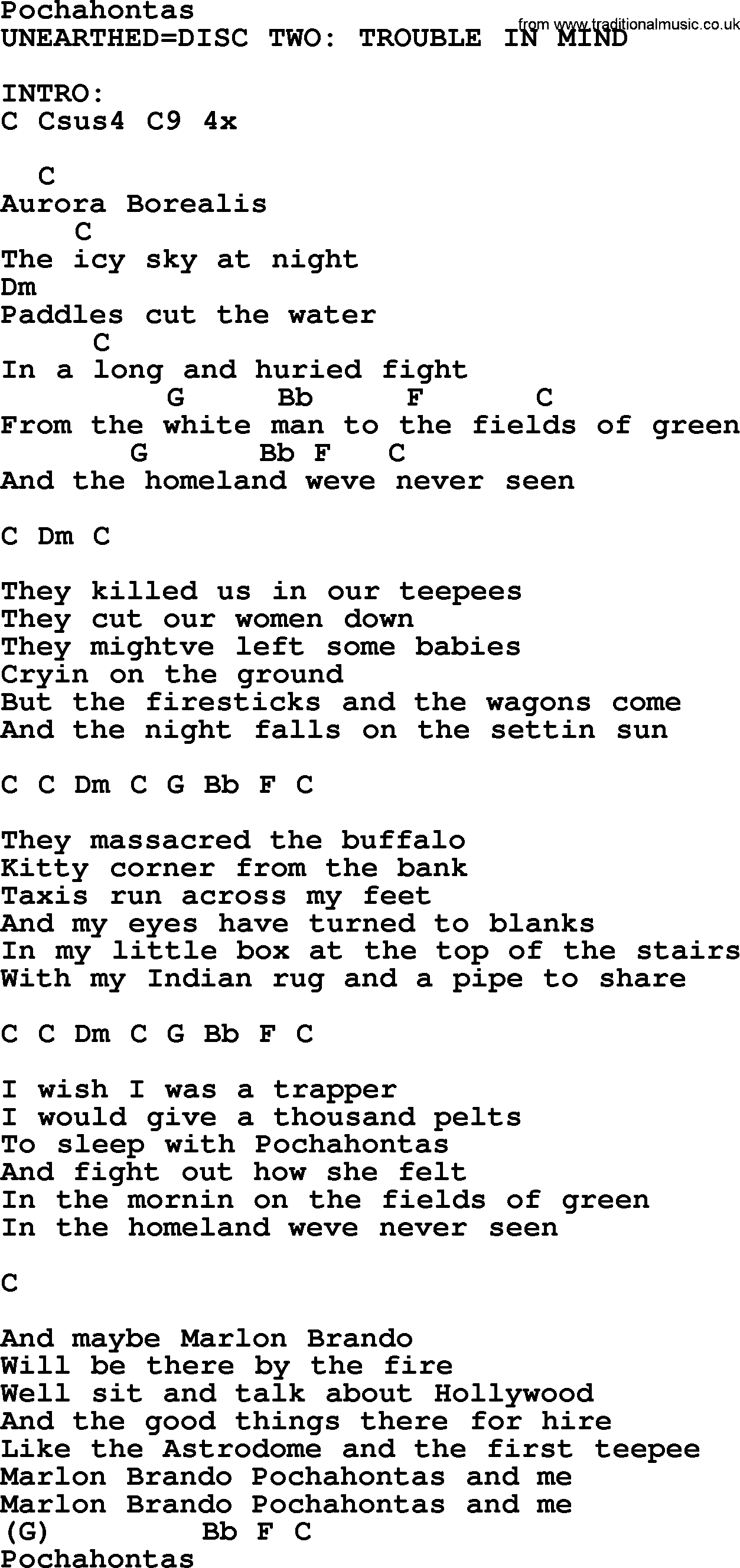 Johnny Cash song Pochahontas, lyrics and chords