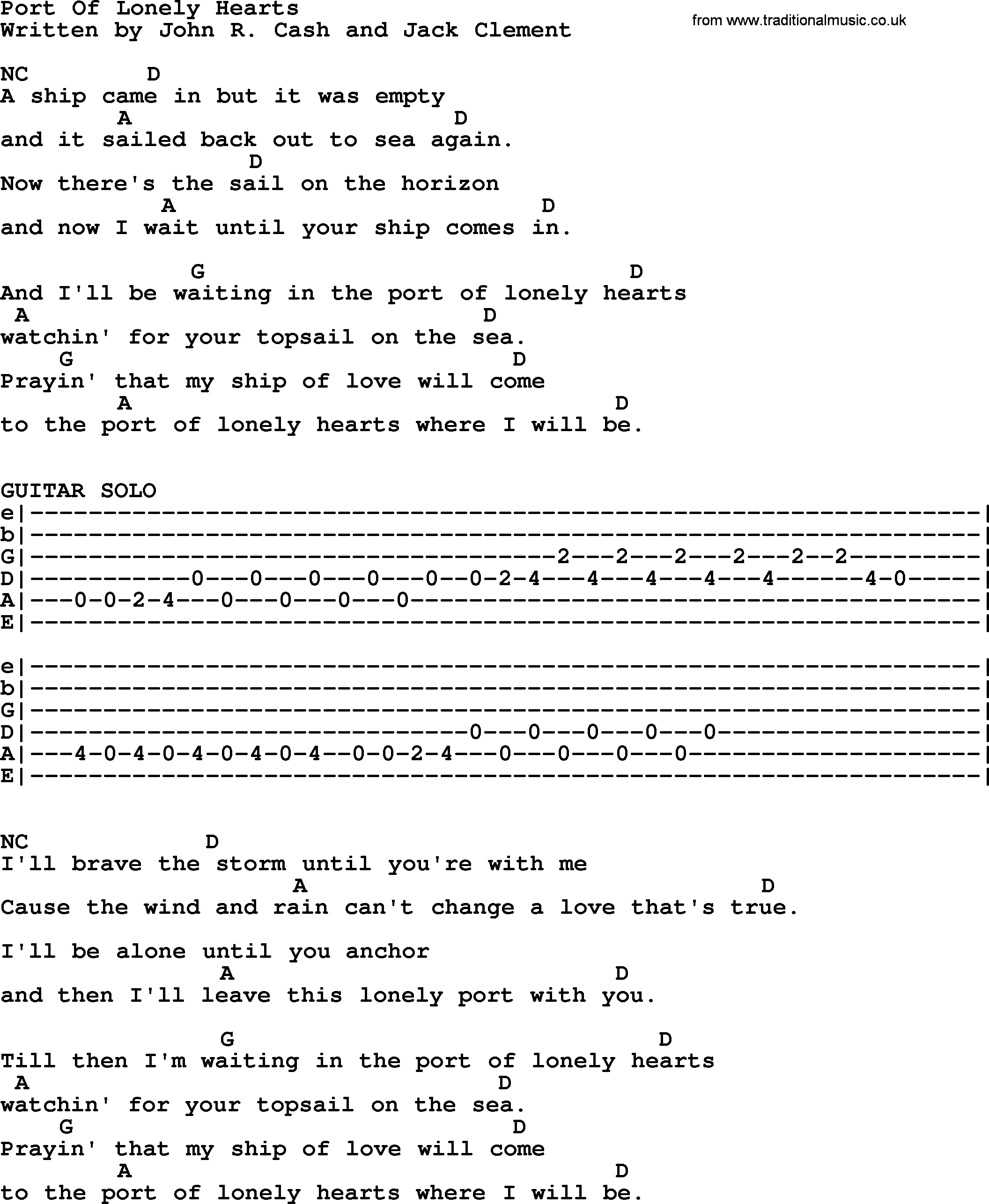 Johnny Cash song Port Of Lonely Hearts, lyrics and chords