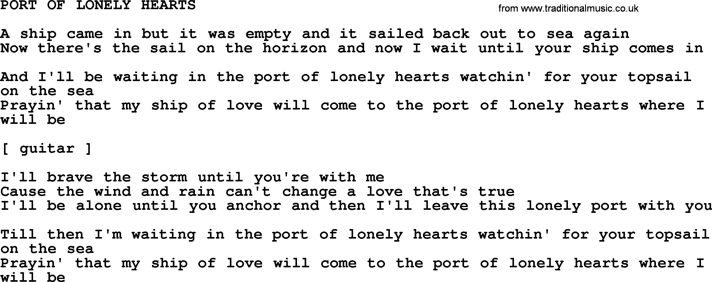 Johnny Cash song Port Of Lonely Hearts.txt lyrics