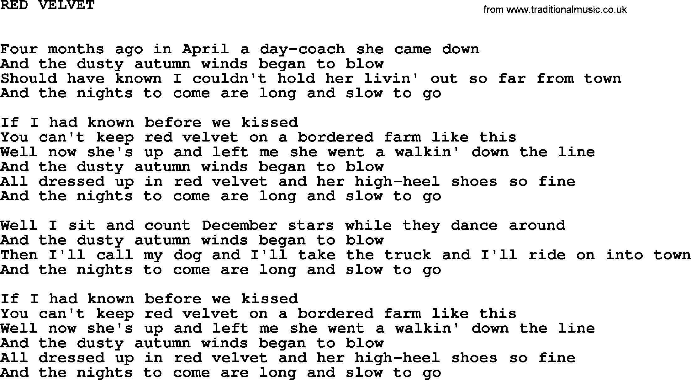 Johnny Cash song Red Velvet.txt lyrics