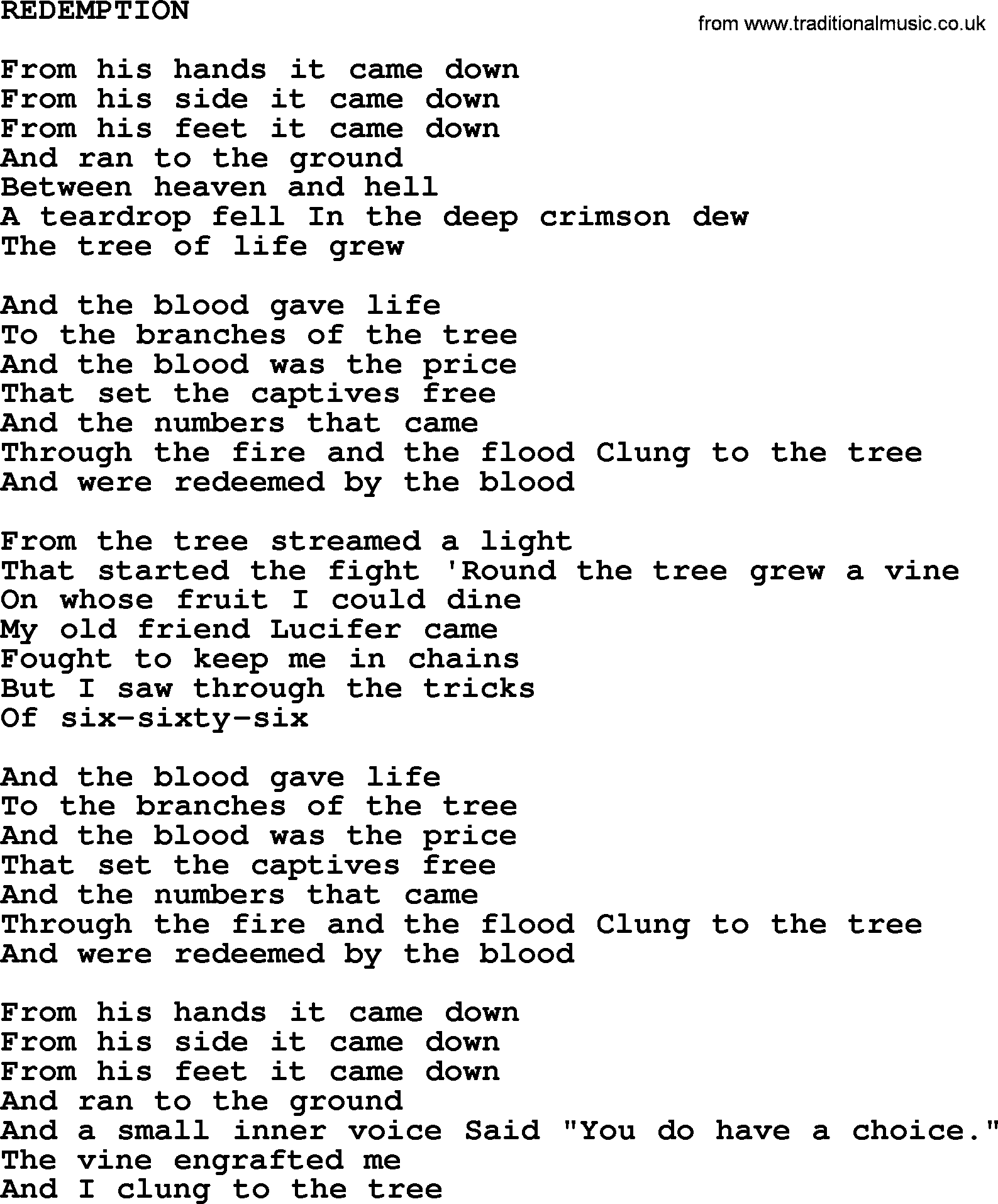 Johnny Cash song Redemption.txt lyrics