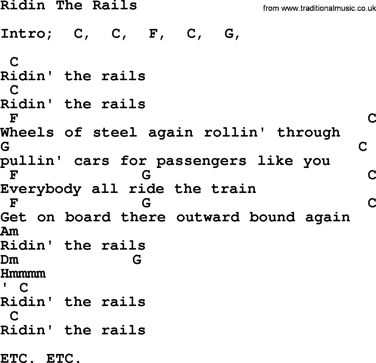 Johnny Cash song Ridin The Rails, lyrics and chords