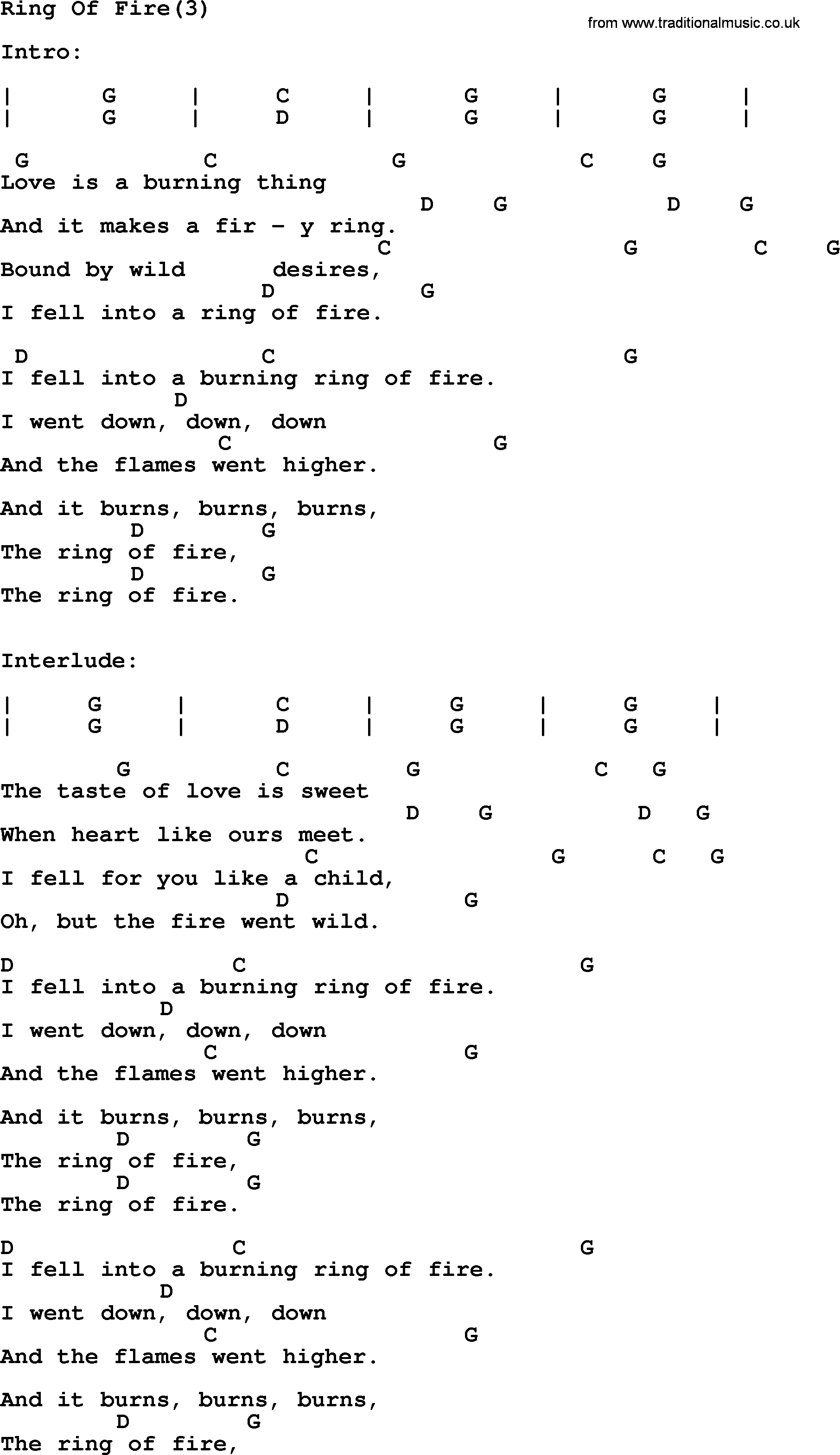 Johnny Cash song Ring Of Fire(3), lyrics and chords