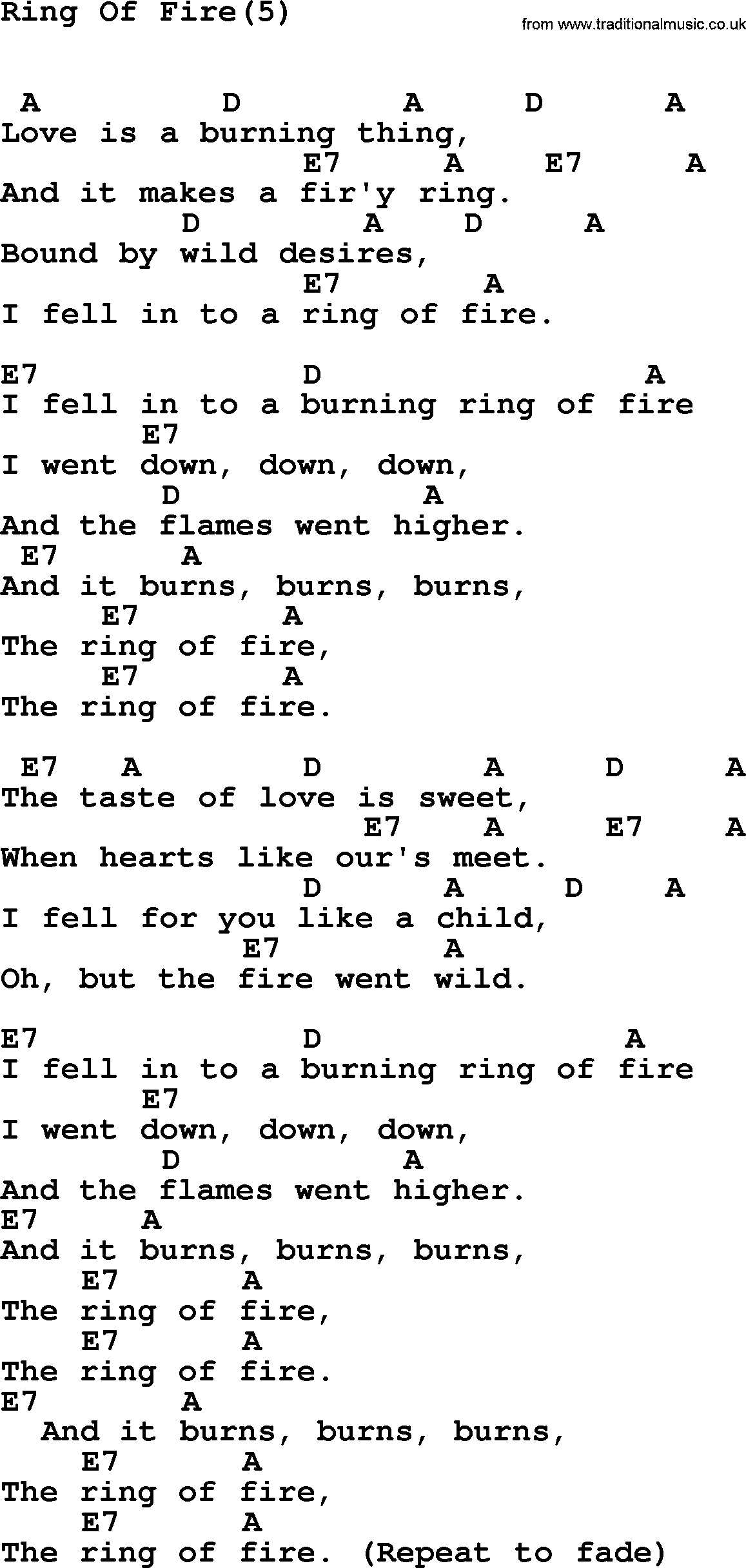 Johnny Cash song Ring Of Fire(5), lyrics and chords