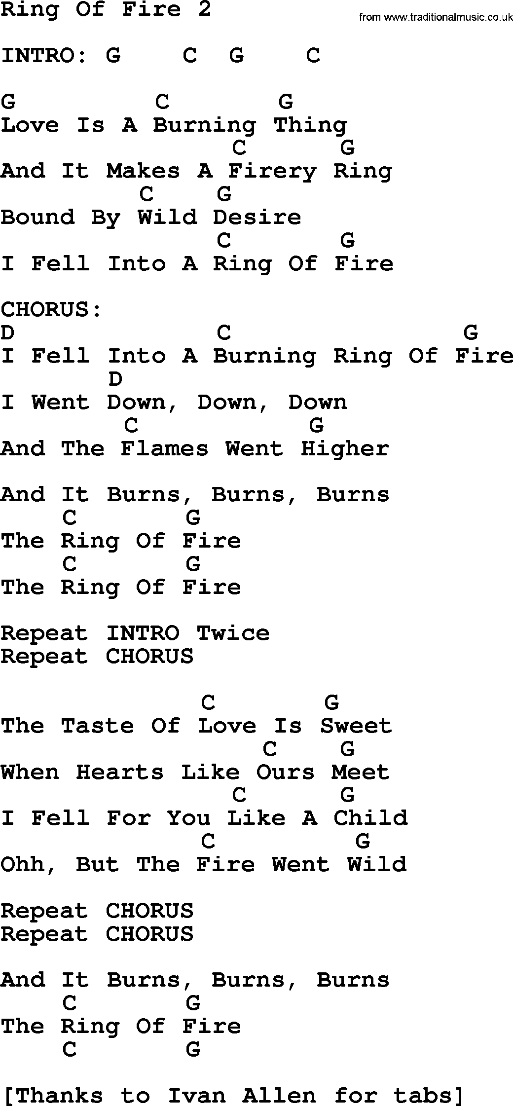 Johnny Cash song Ring Of Fire 2, lyrics and chords