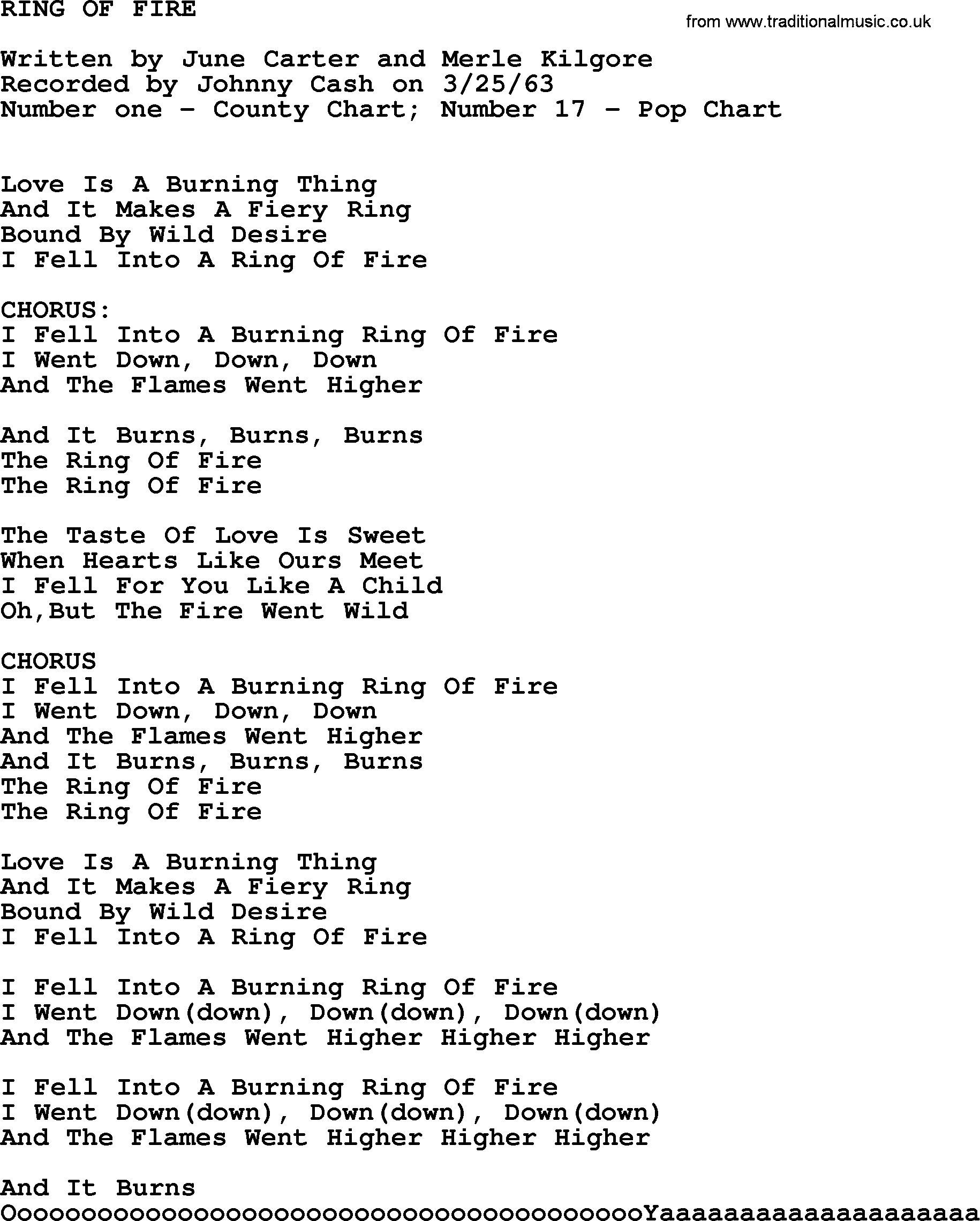 Johnny Cash song Ring Of Fire.txt lyrics