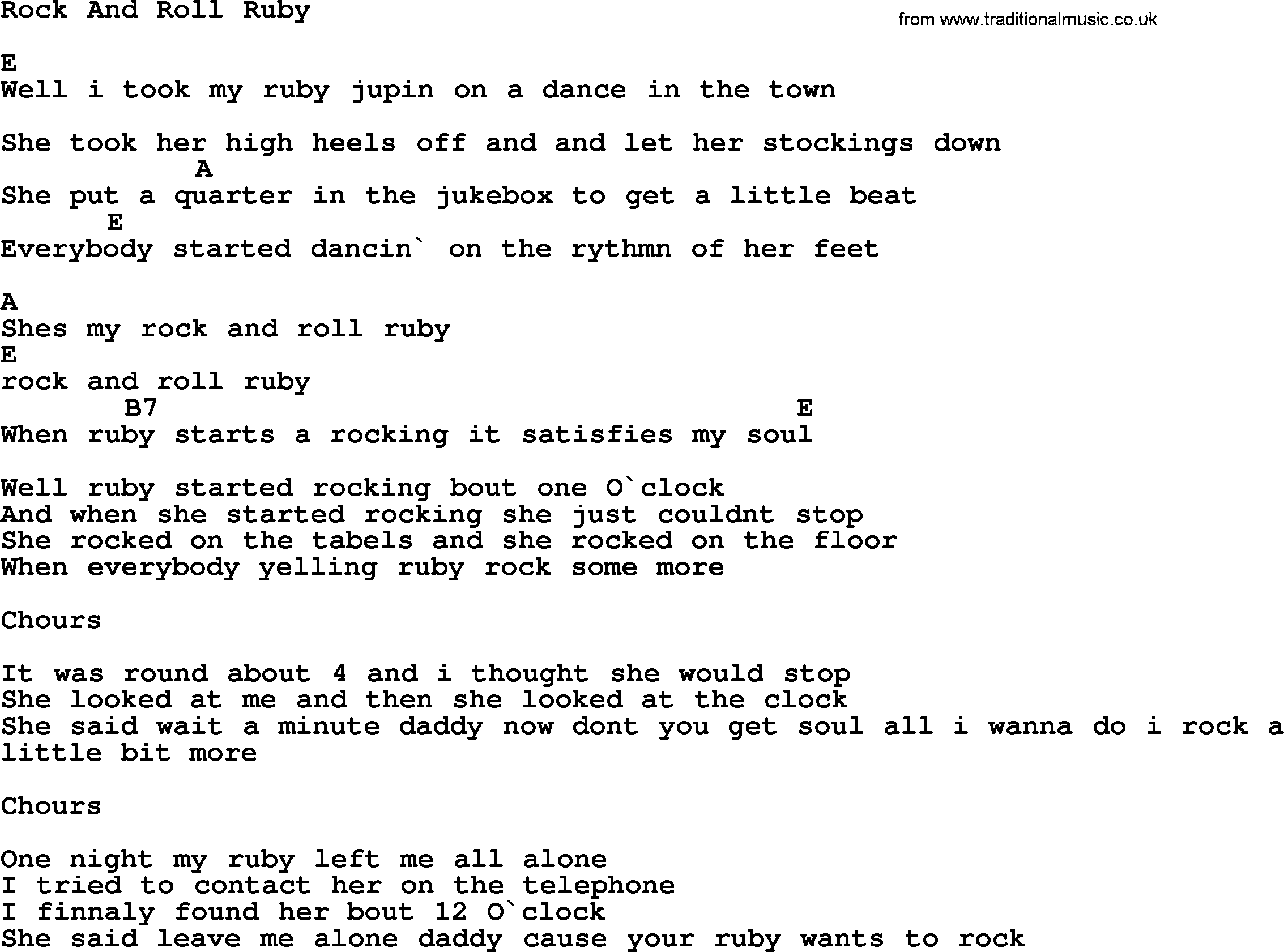 Johnny Cash song Rock And Roll Ruby, lyrics and chords
