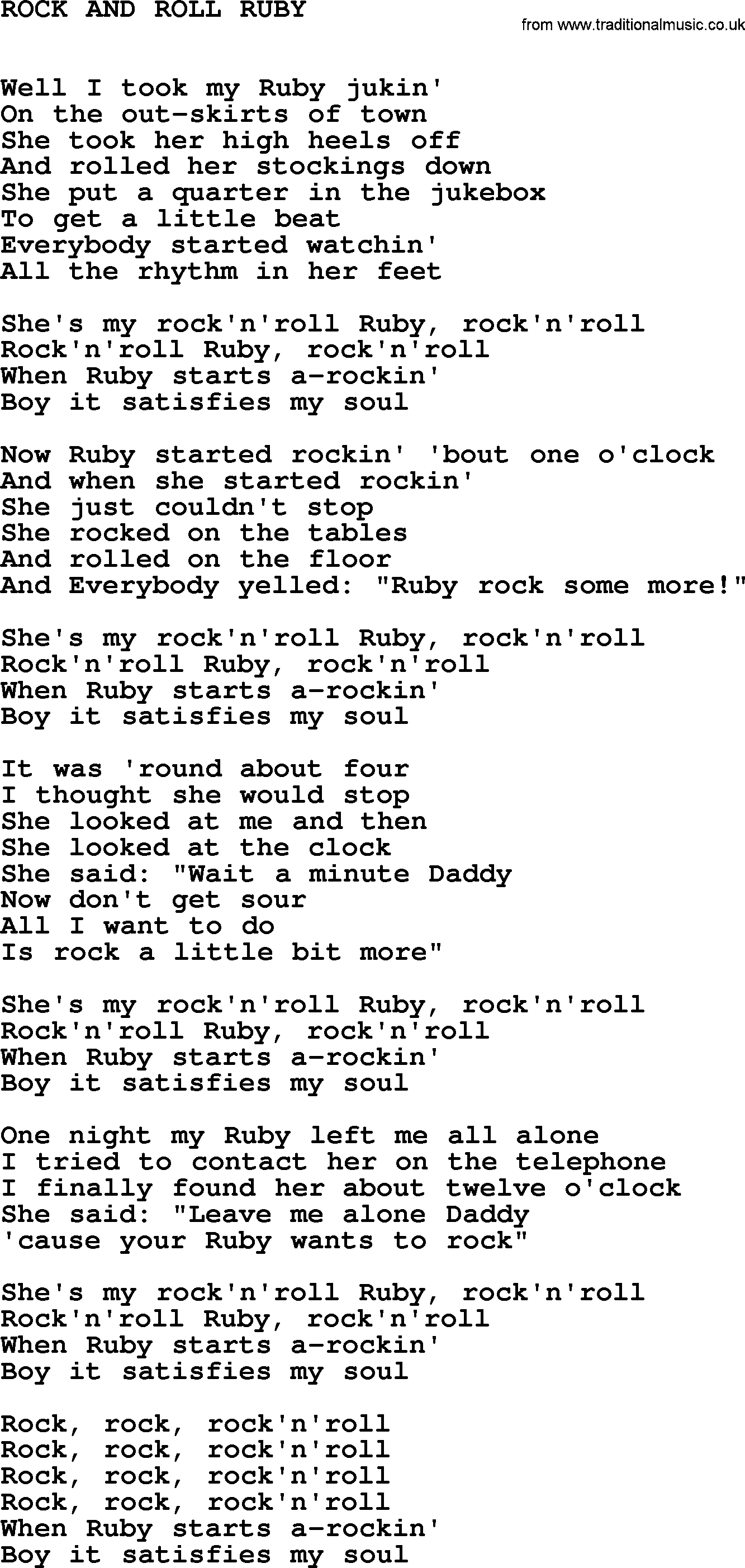 Johnny Cash song Rock And Roll Ruby.txt lyrics