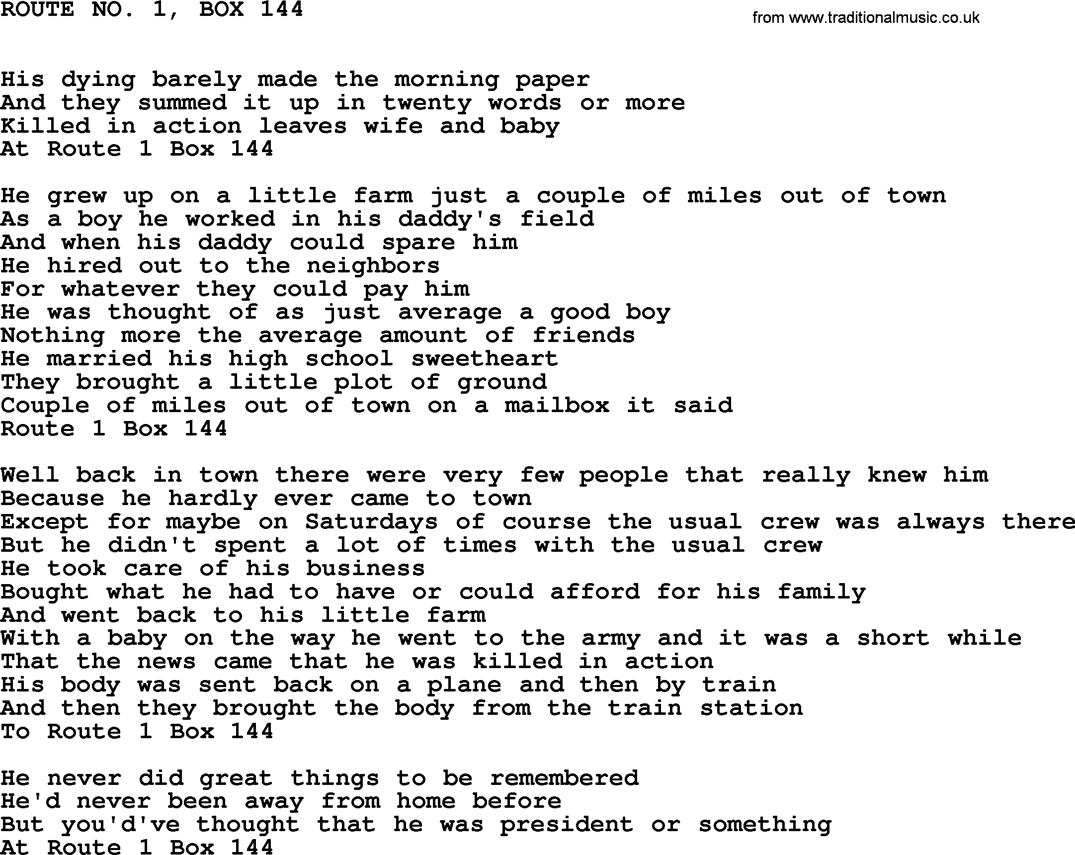 Johnny Cash song Route No. 1, Box 144.txt lyrics