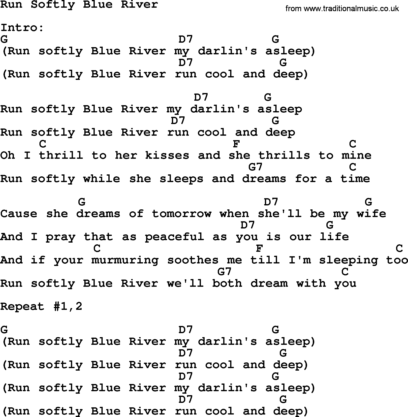 Johnny Cash song Run Softly Blue River, lyrics and chords