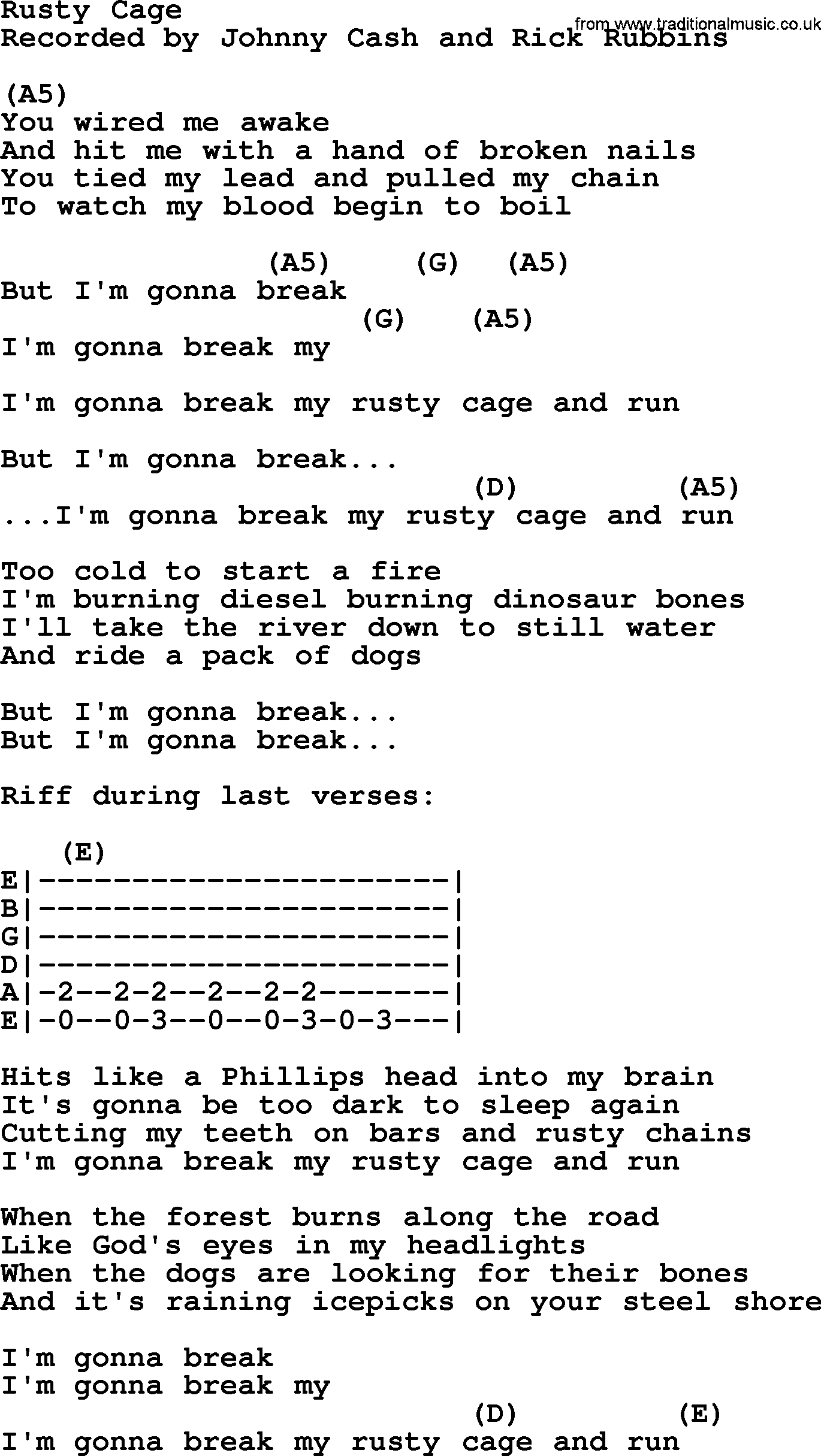 Johnny Cash song Rusty Cage, lyrics and chords