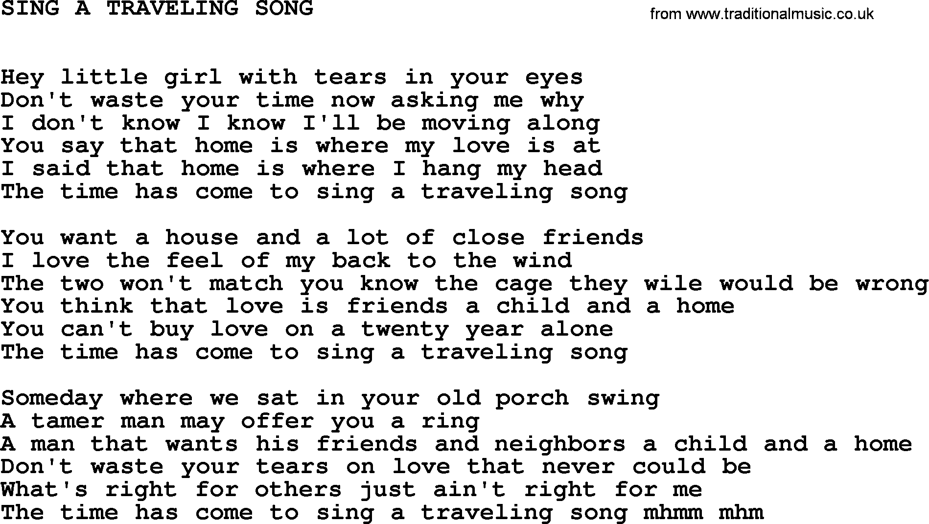 Johnny Cash song Sing A Traveling Song.txt lyrics