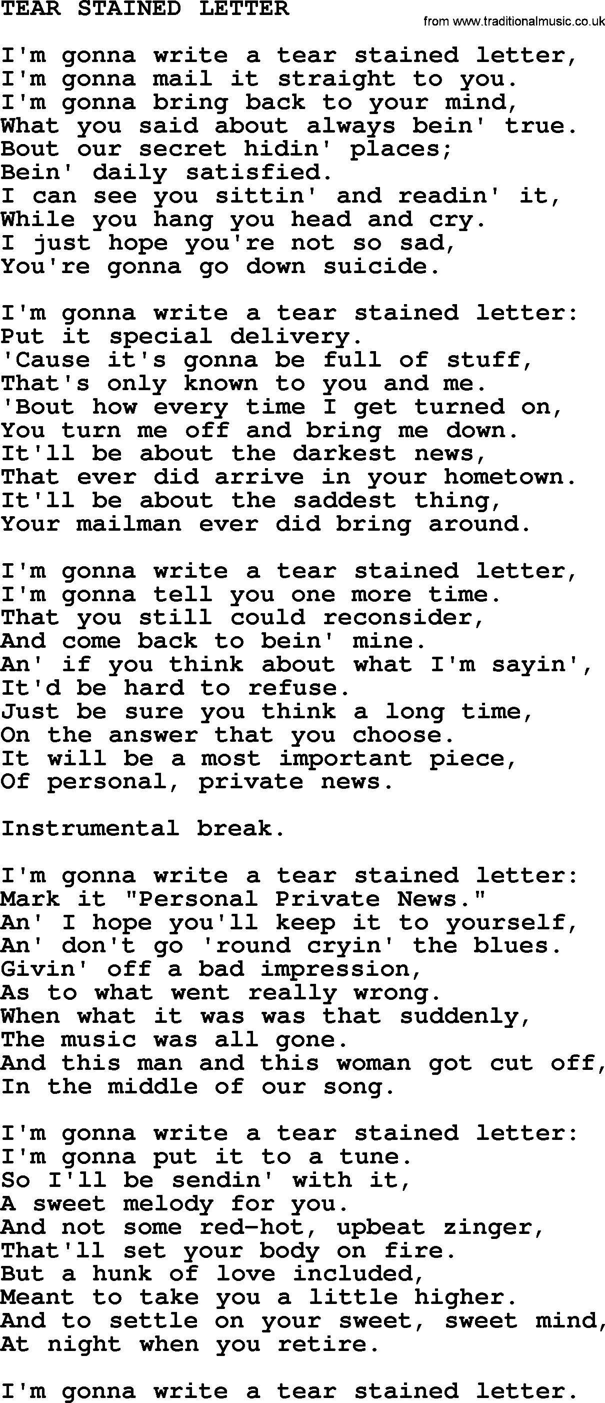 Johnny Cash song Tear Stained Letter.txt lyrics