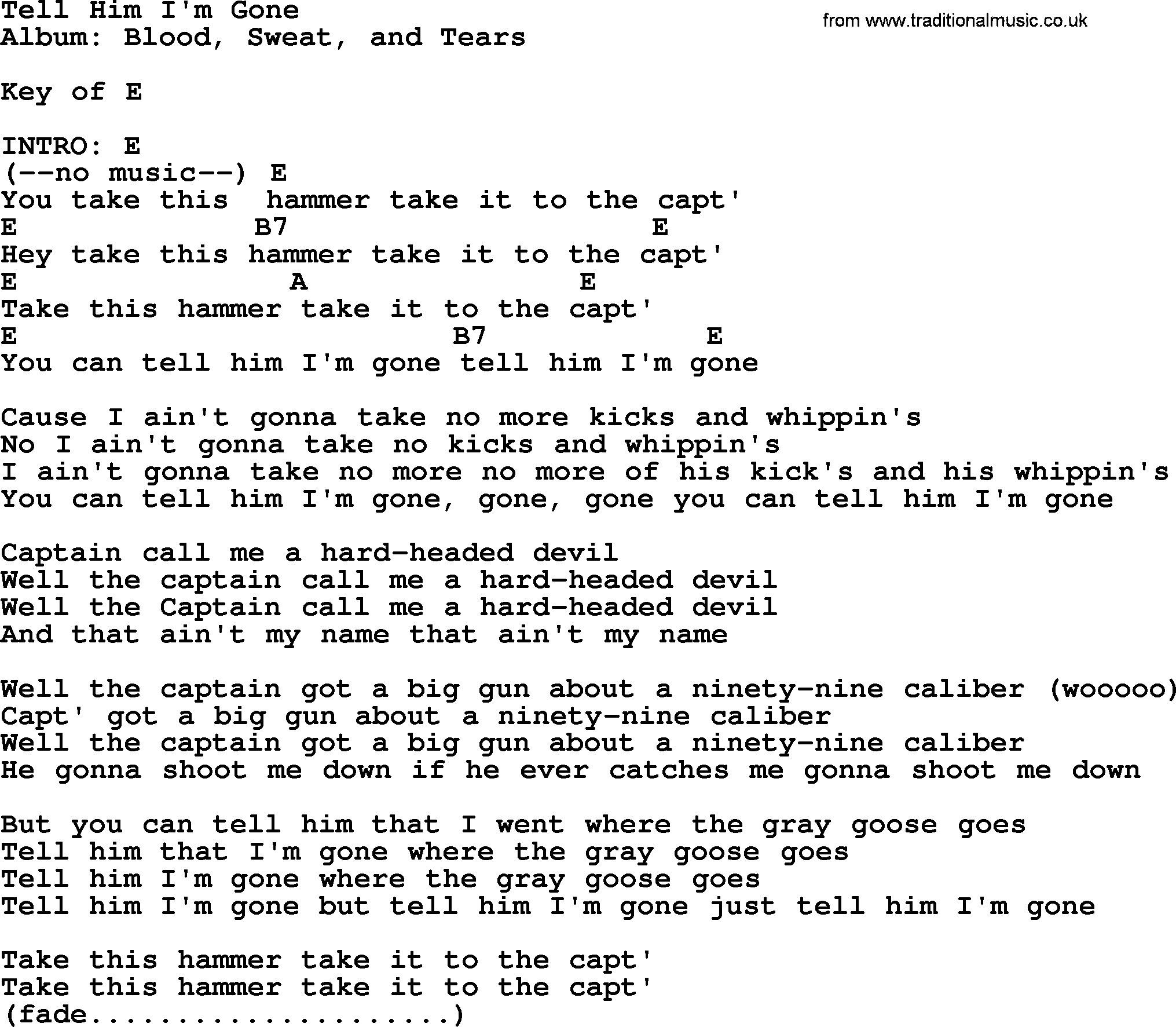 Johnny Cash song Tell Him I'm Gone, lyrics and chords