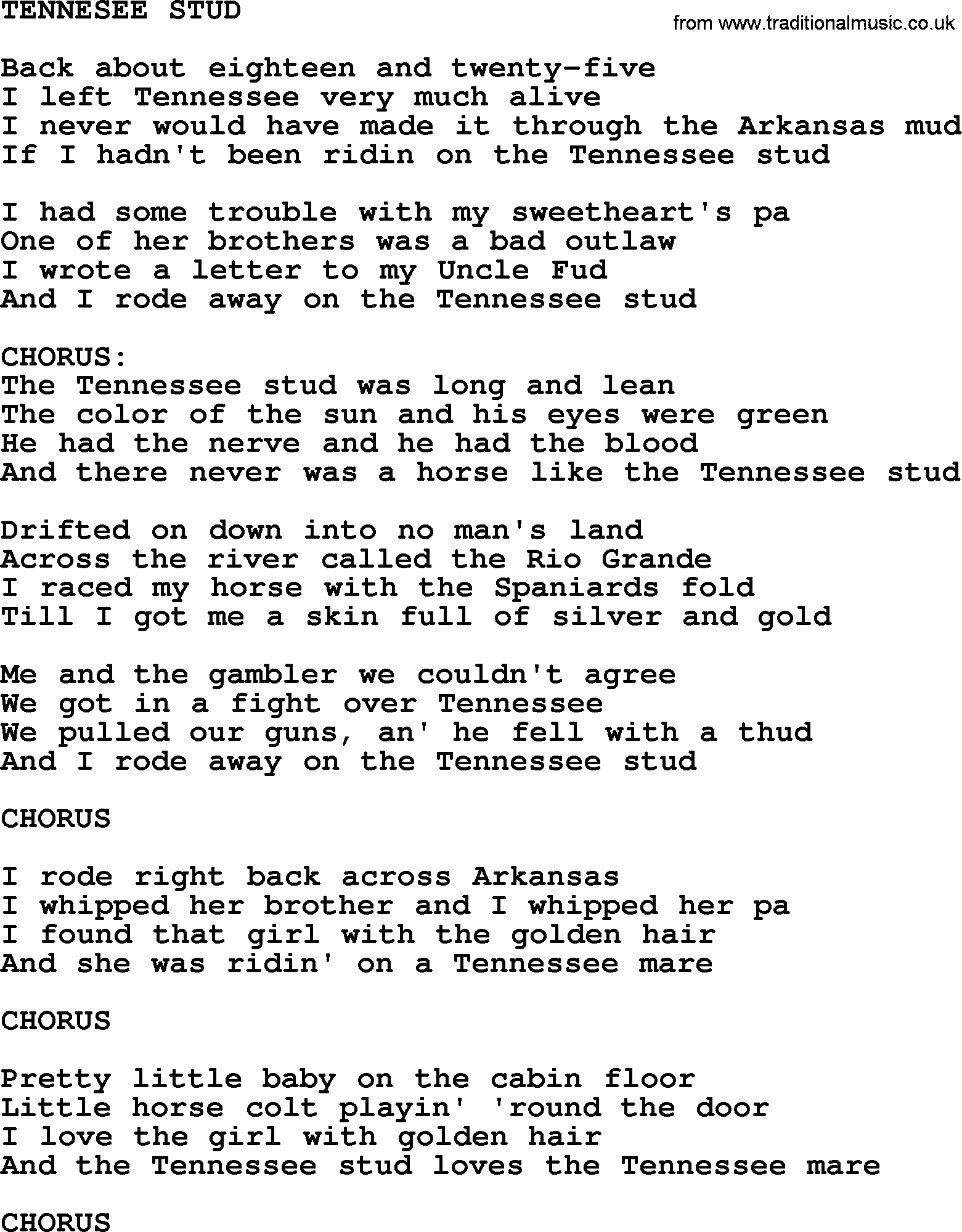 Johnny Cash song Tennesee Stud.txt lyrics