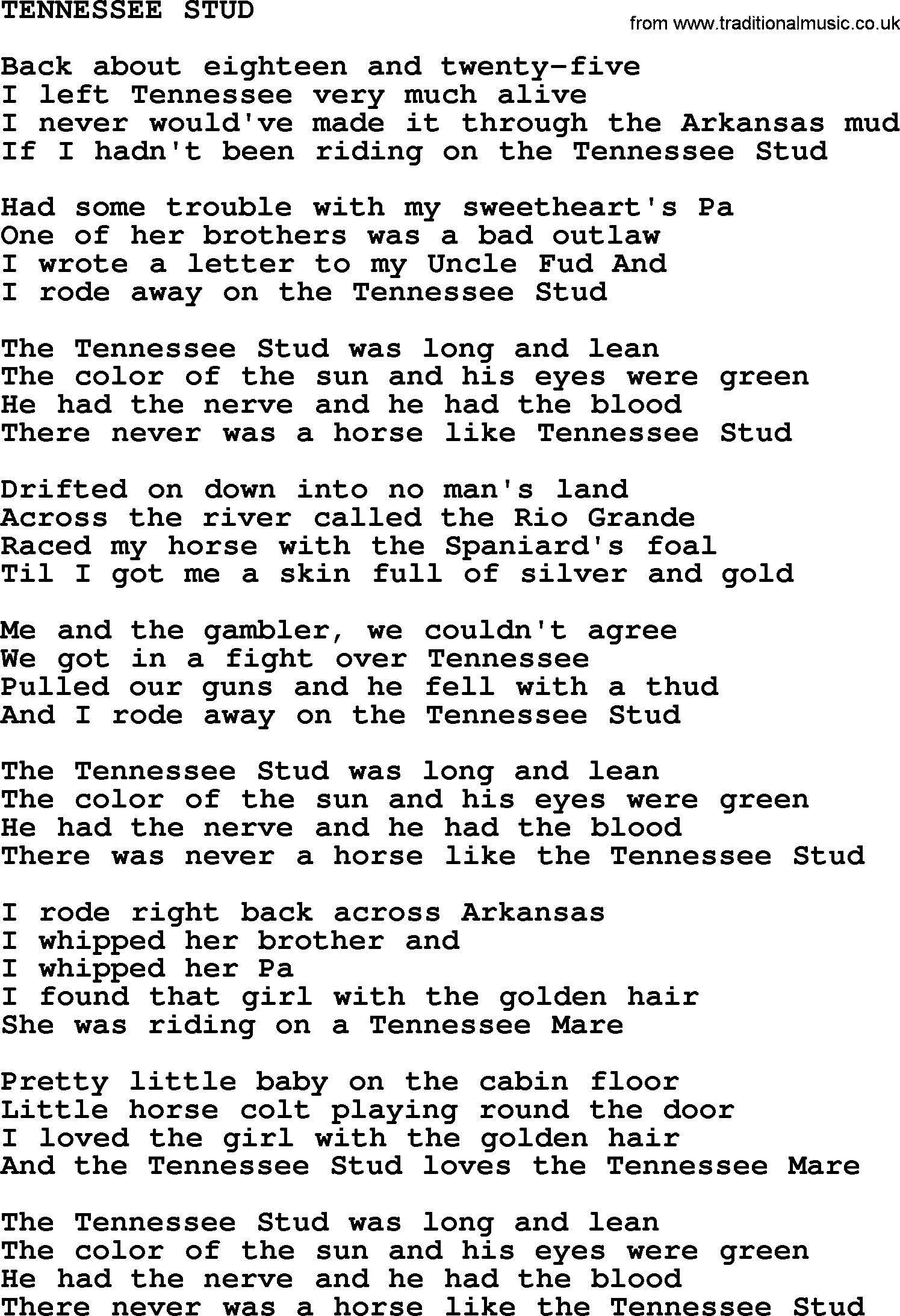 Johnny Cash song Tennessee Stud.txt lyrics