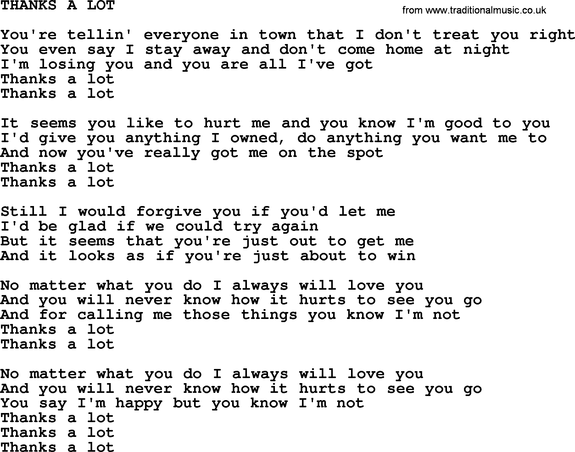Johnny Cash song Thanks A Lot.txt lyrics