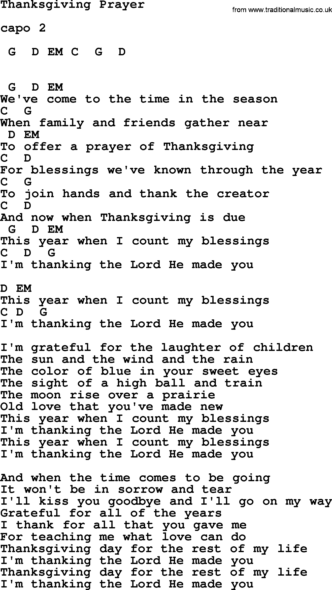 Johnny Cash song Thanksgiving Prayer, lyrics and chords