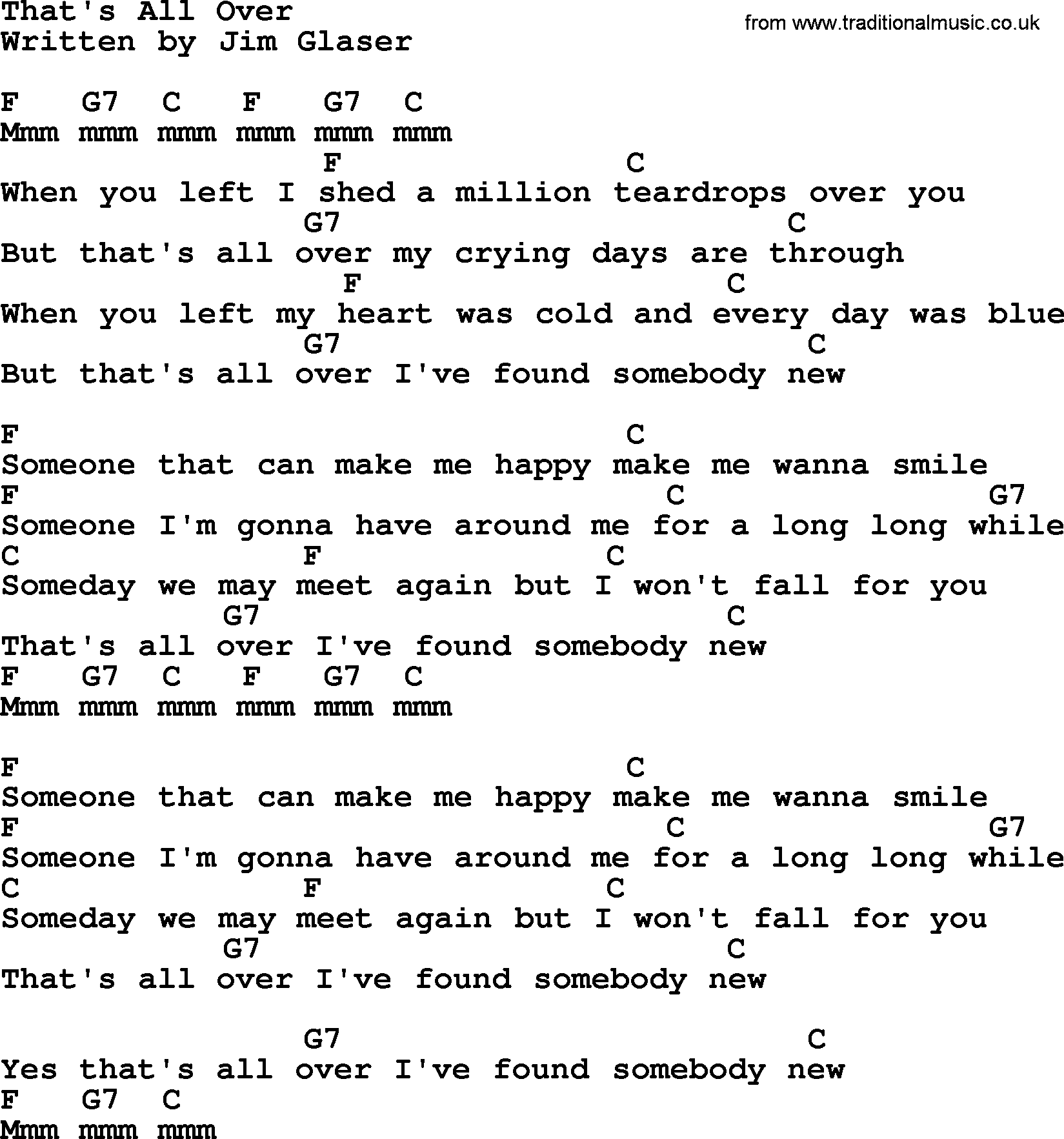 Johnny Cash song That's All Over, lyrics and chords