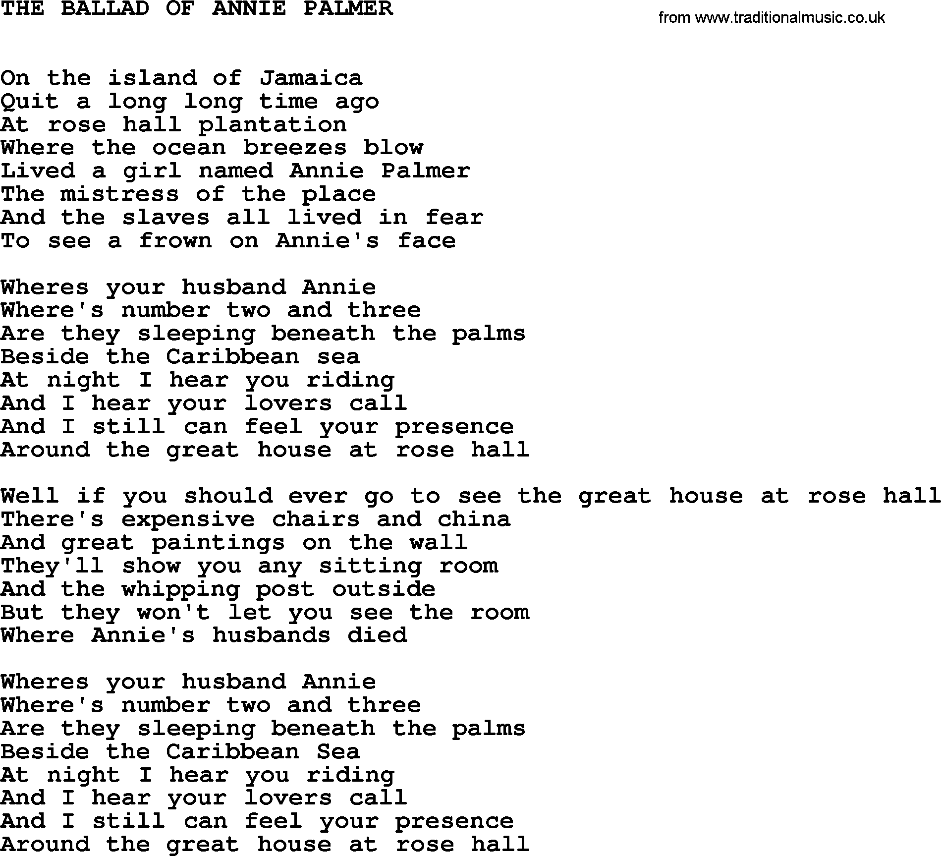 Johnny Cash song The Ballad Of Annie Palmer.txt lyrics