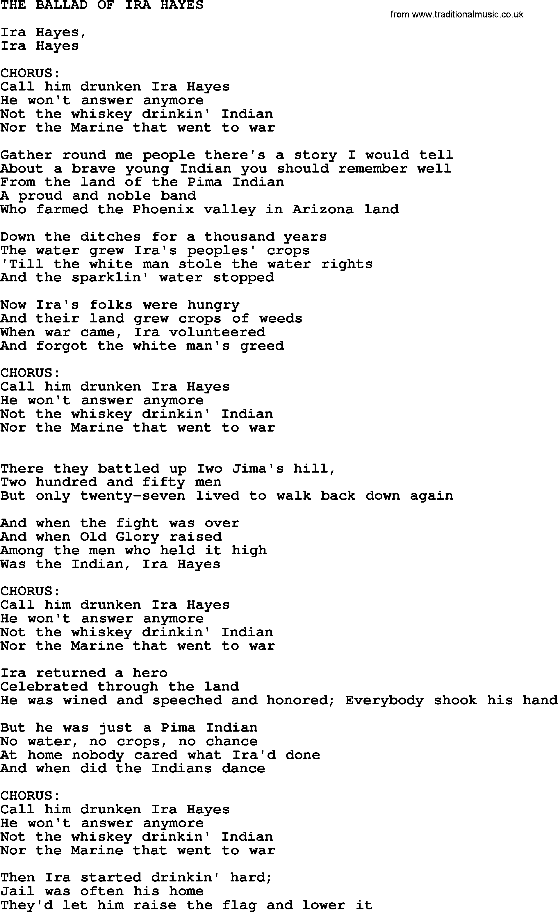 Johnny Cash song The Ballad Of Ira Hayes.txt lyrics