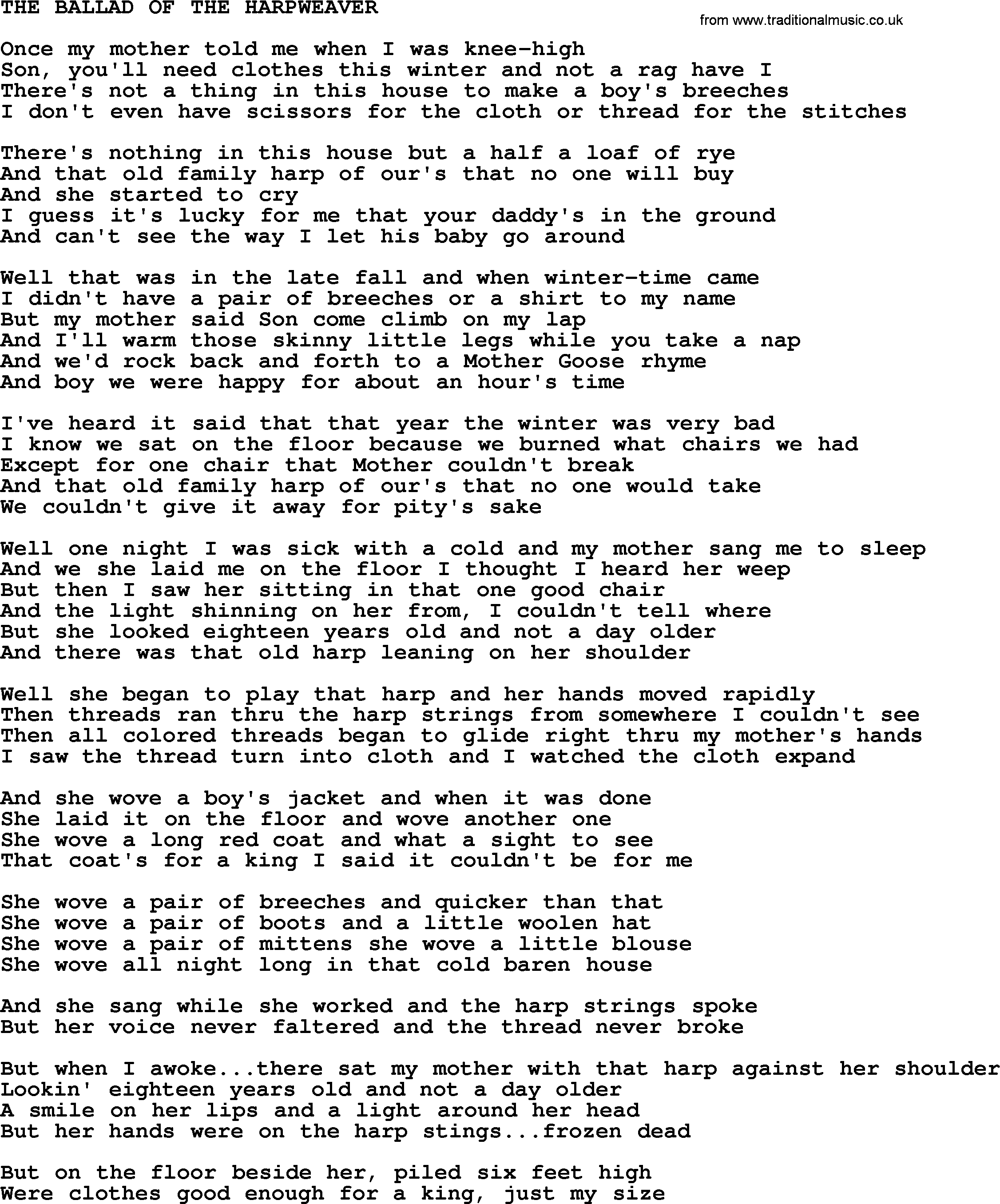Johnny Cash song The Ballad Of The Harpweaver.txt lyrics