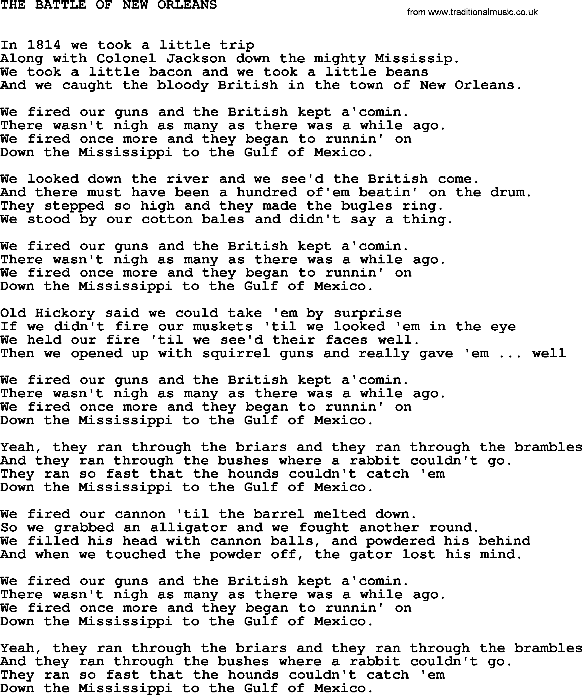 Johnny Cash song The Battle Of New Orleans.txt lyrics