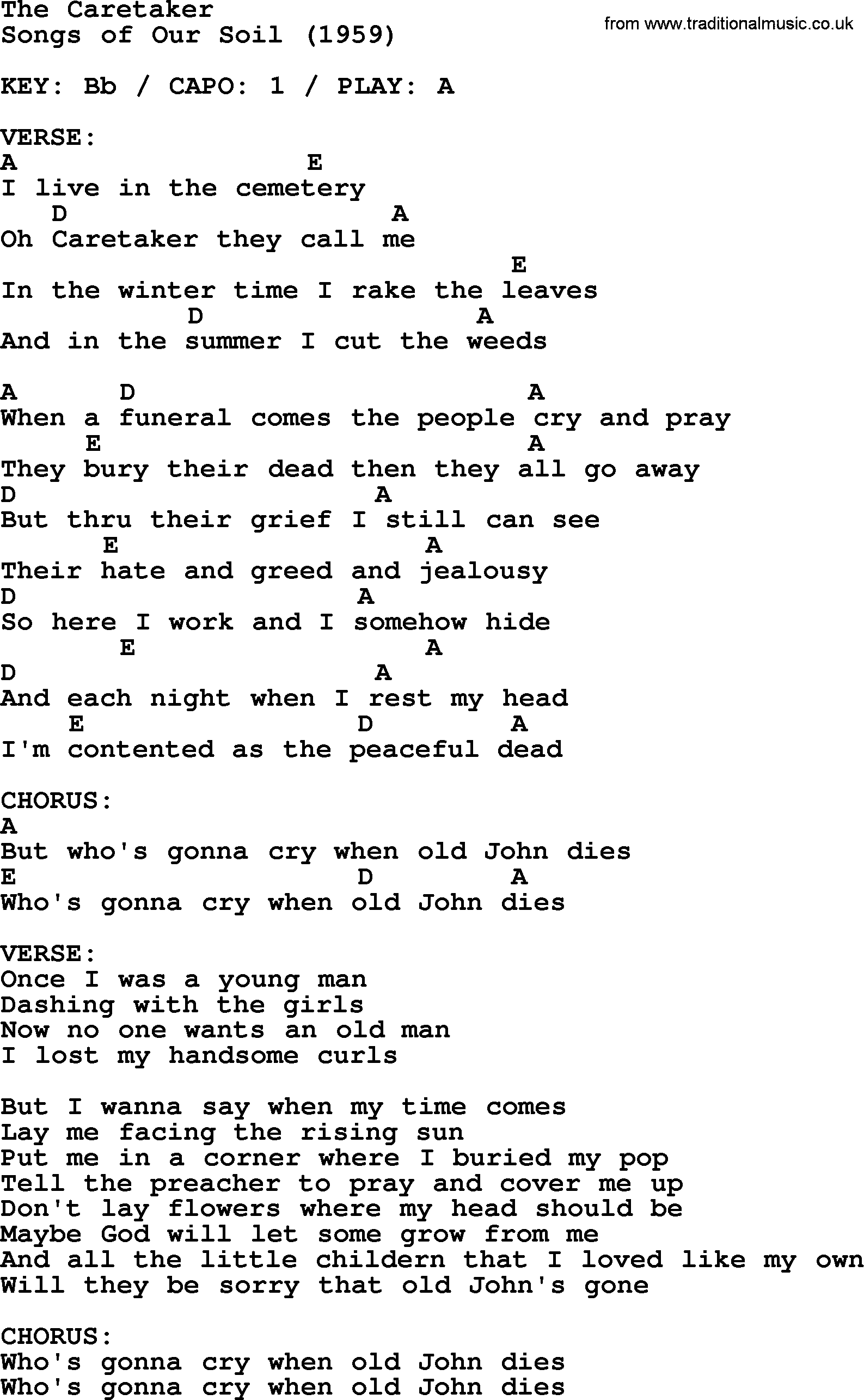 Johnny Cash song The Caretaker, lyrics and chords