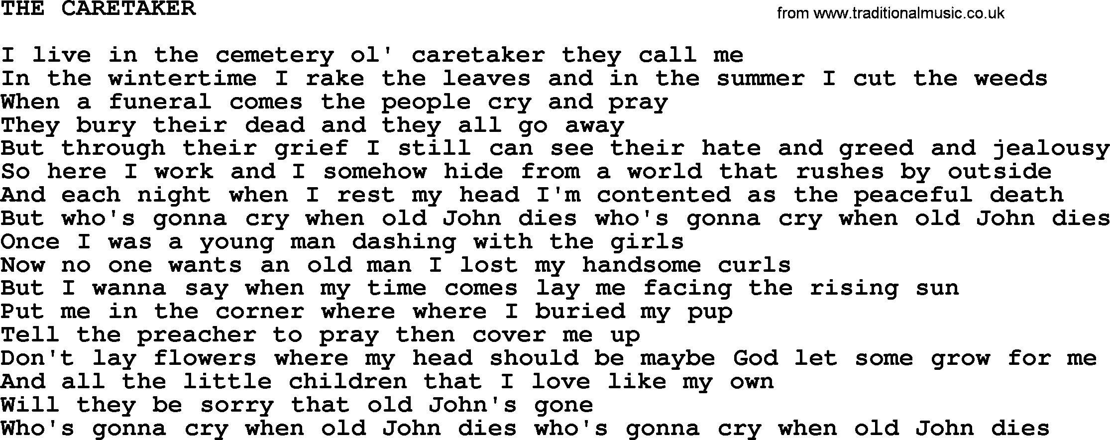 Johnny Cash song The Caretaker.txt lyrics