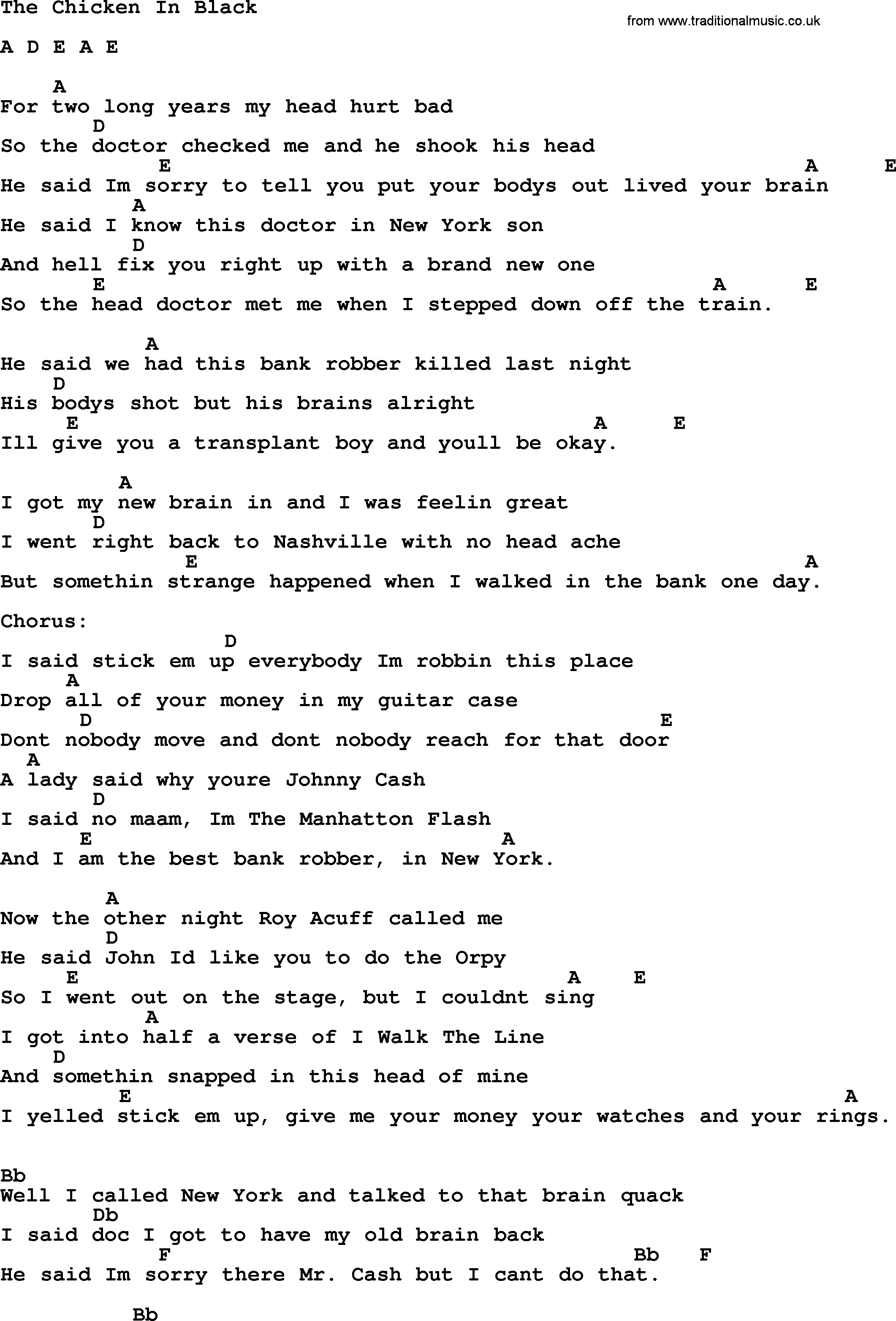 Johnny Cash song The Chicken In Black, lyrics and chords