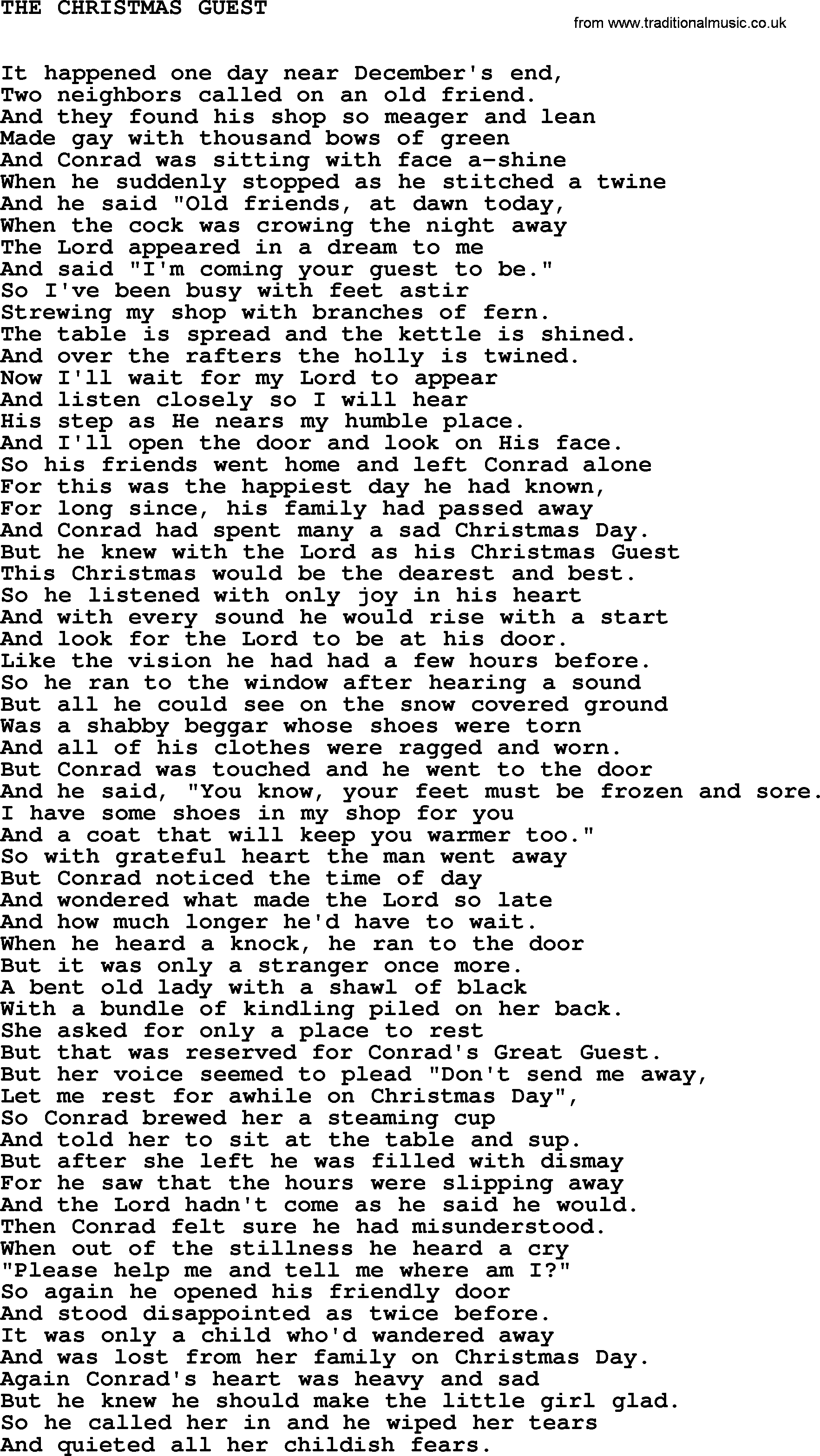 Johnny Cash song The Christmas Guest.txt lyrics