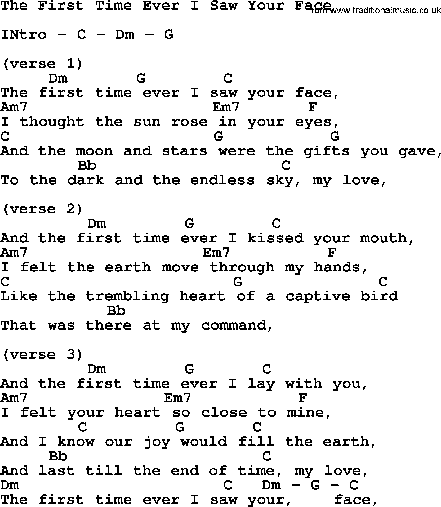 Johnny Cash song The First Time Ever I Saw Your Face, lyrics and chords