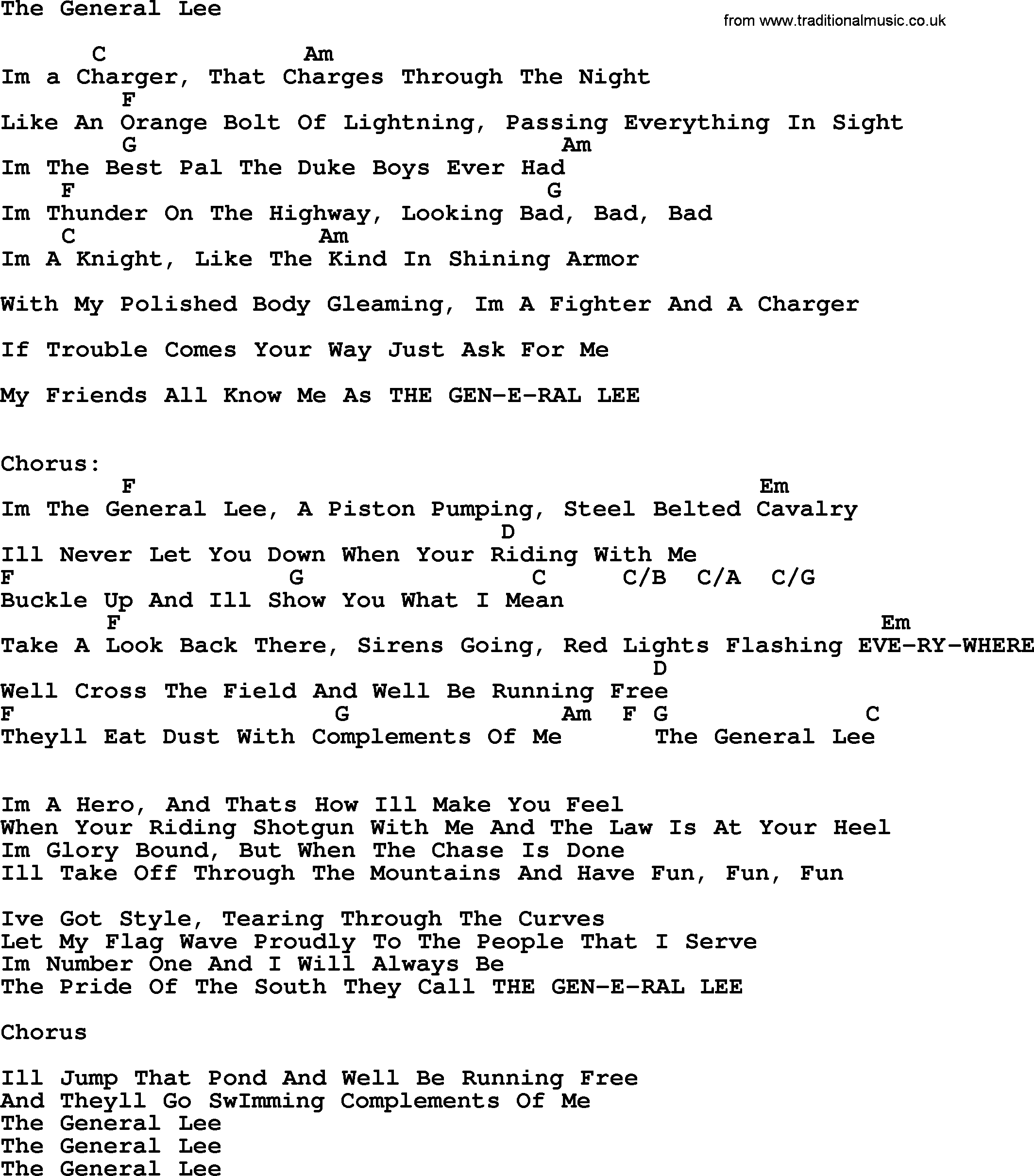 Johnny Cash song The General Lee, lyrics and chords