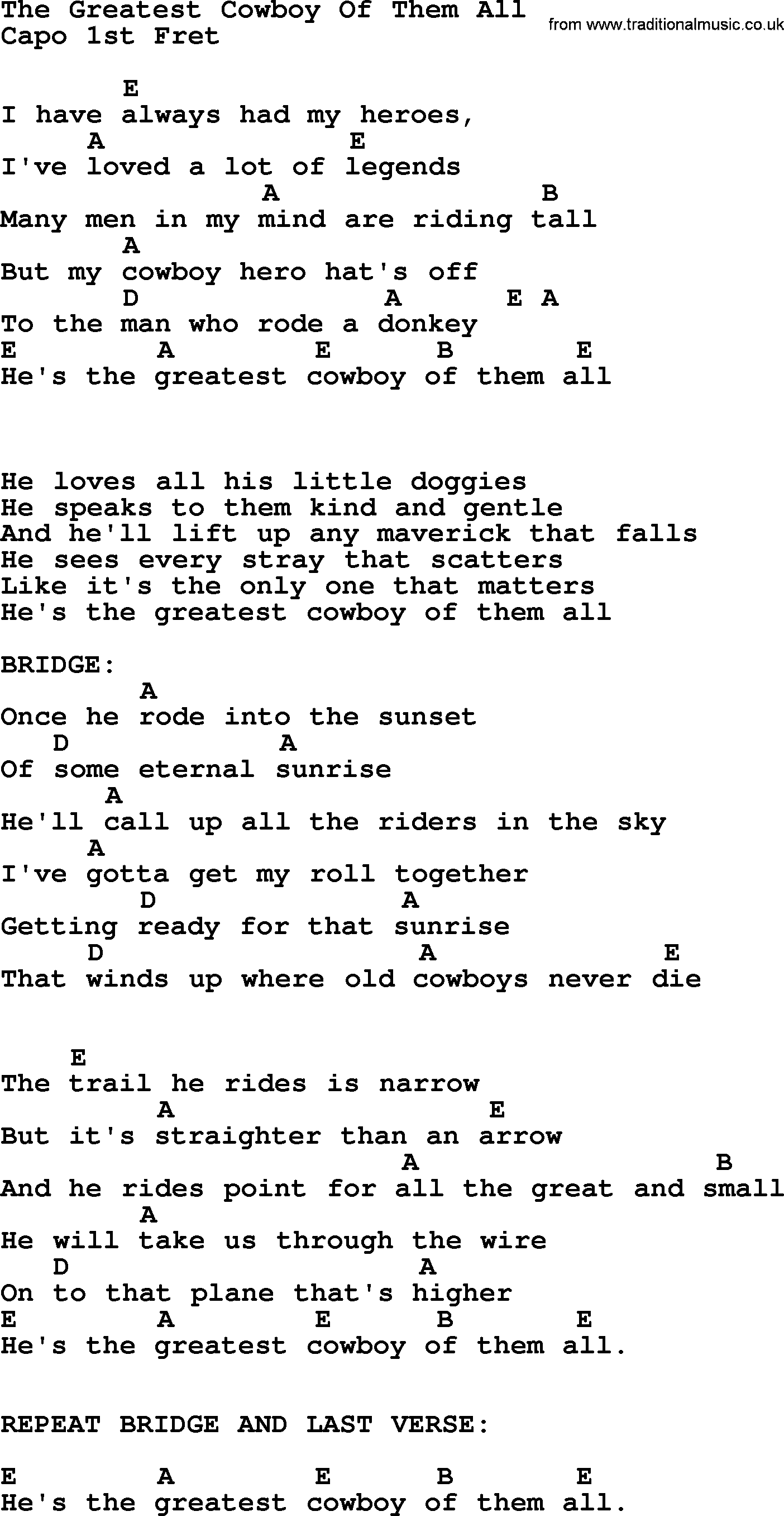 Johnny Cash song The Greatest Cowboy Of Them All, lyrics and chords