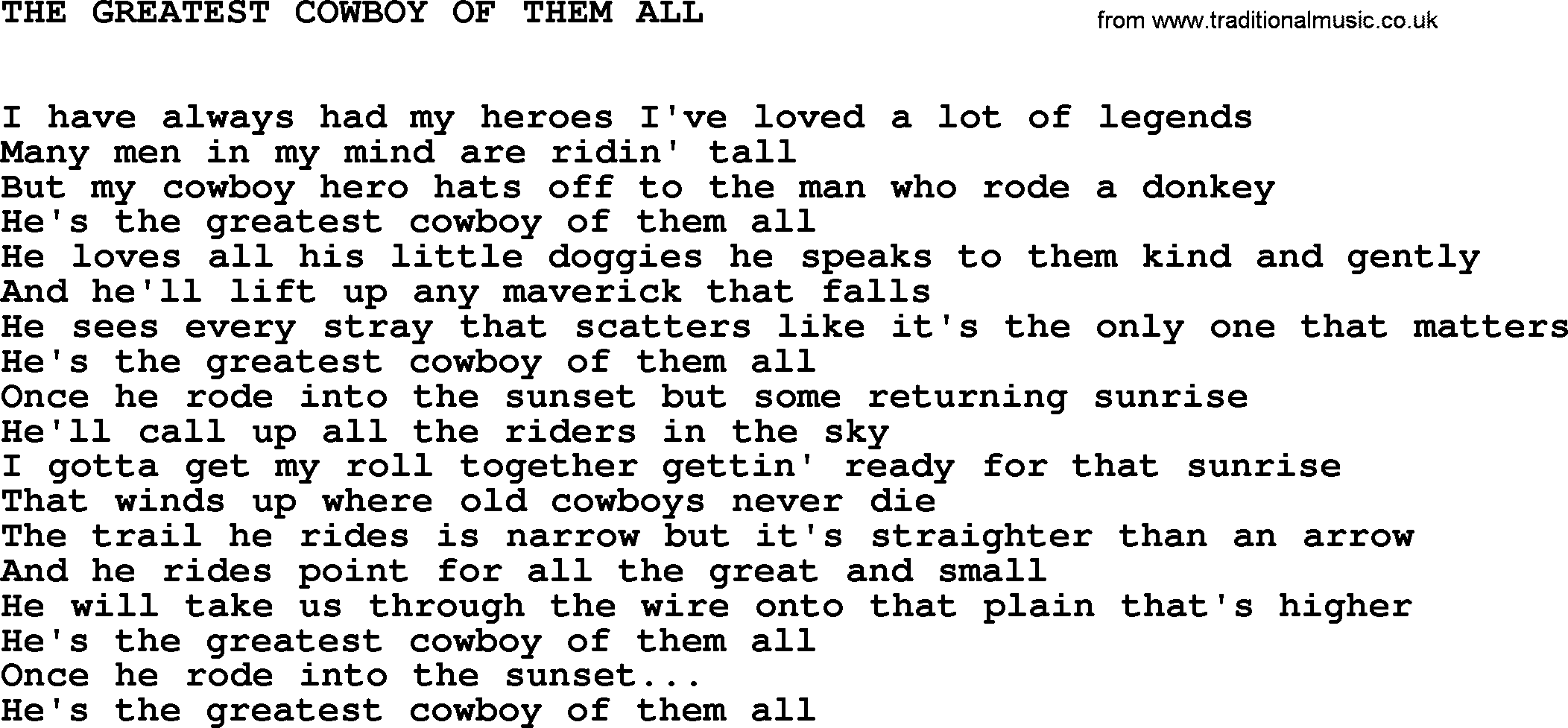 Johnny Cash song The Greatest Cowboy Of Them All.txt lyrics
