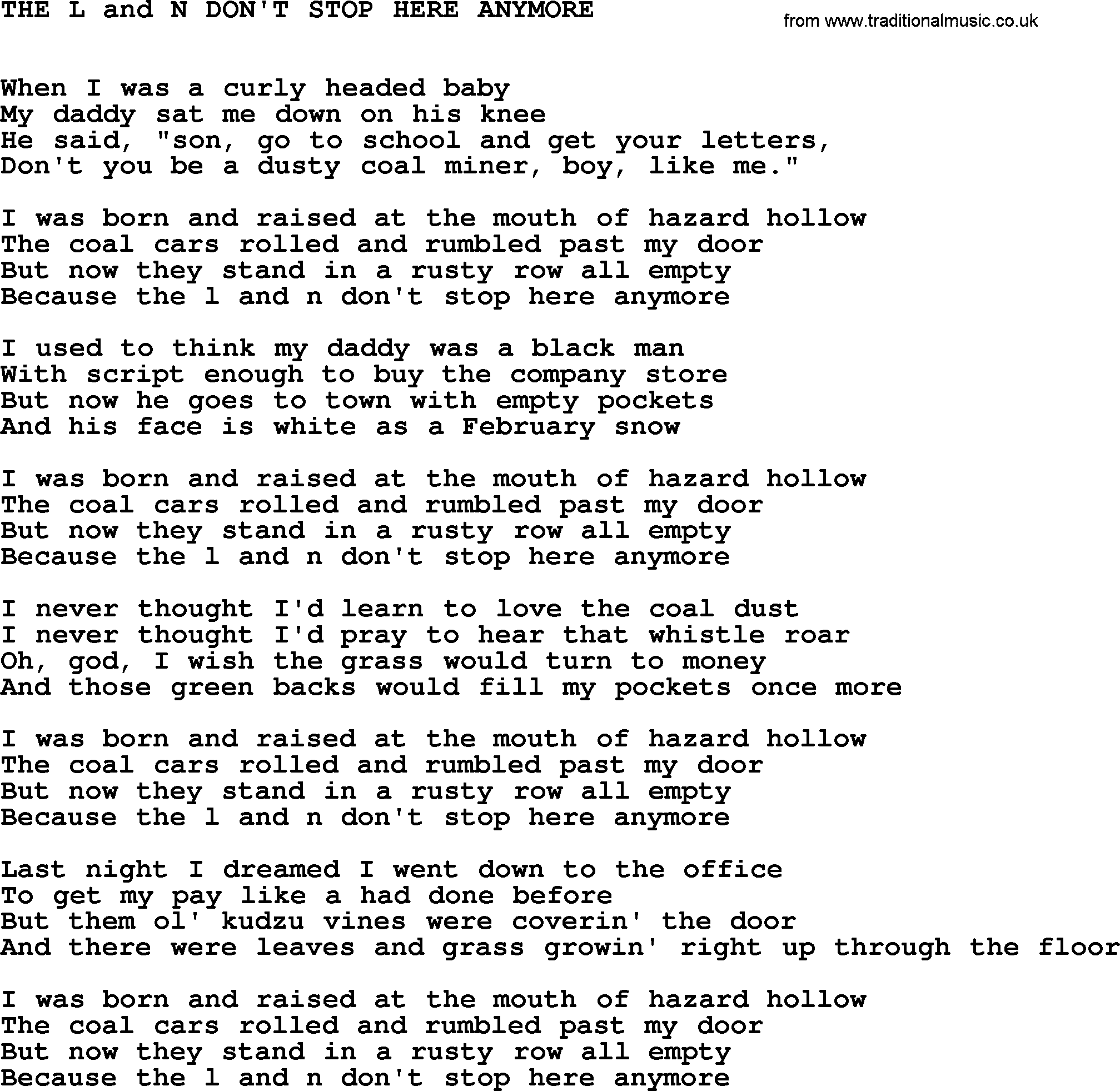 Johnny Cash song The L & N Don't Stop Here Anymore.txt lyrics