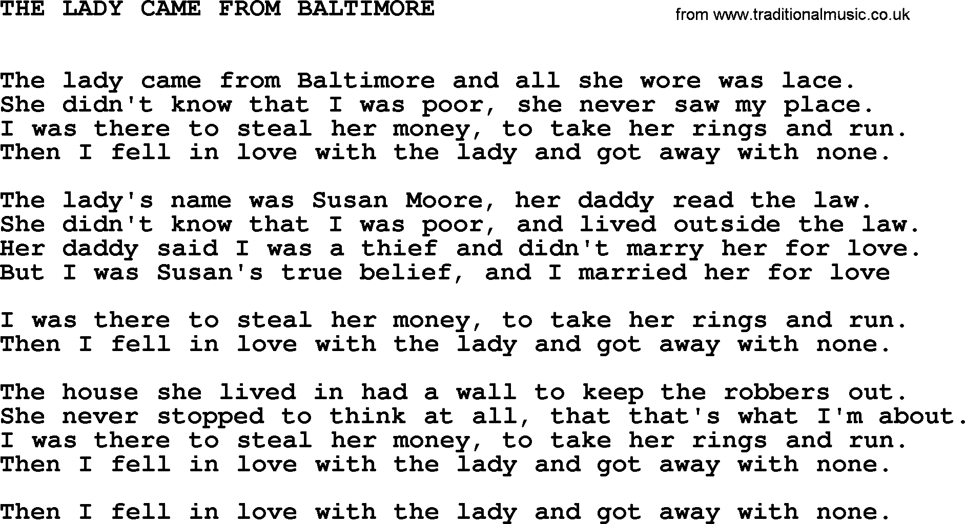 Johnny Cash song The Lady Came From Baltimore.txt lyrics