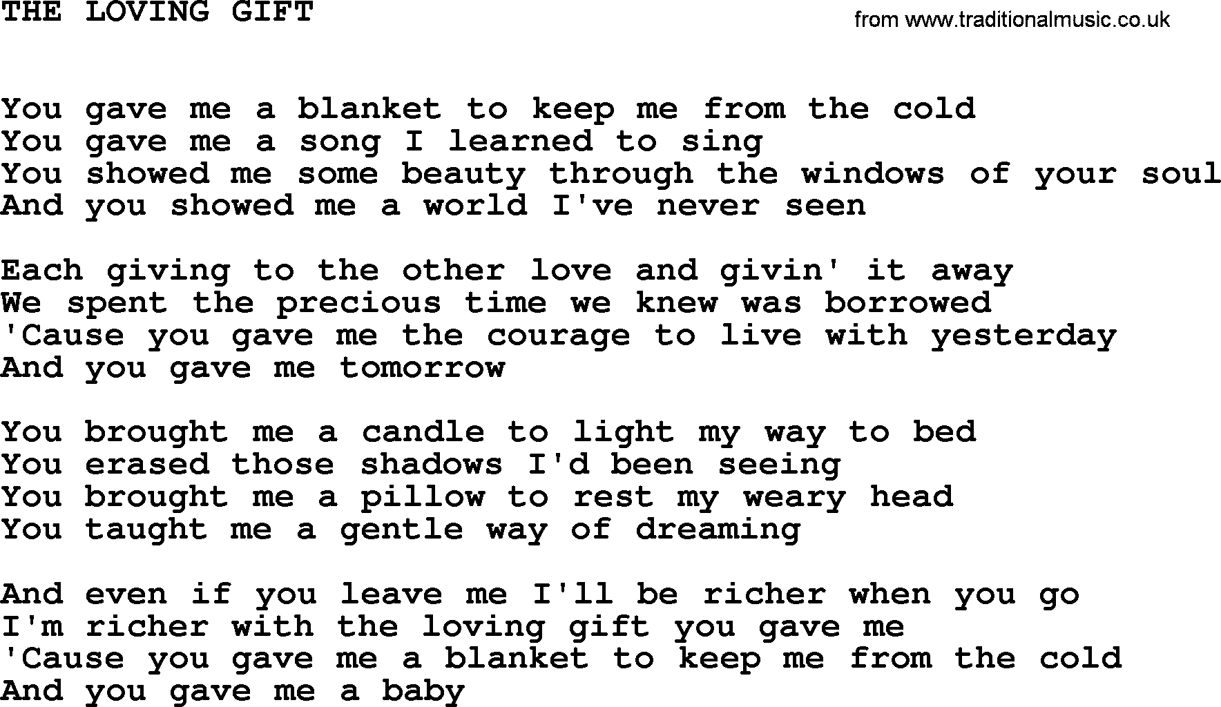 Johnny Cash song The Loving Gift.txt lyrics