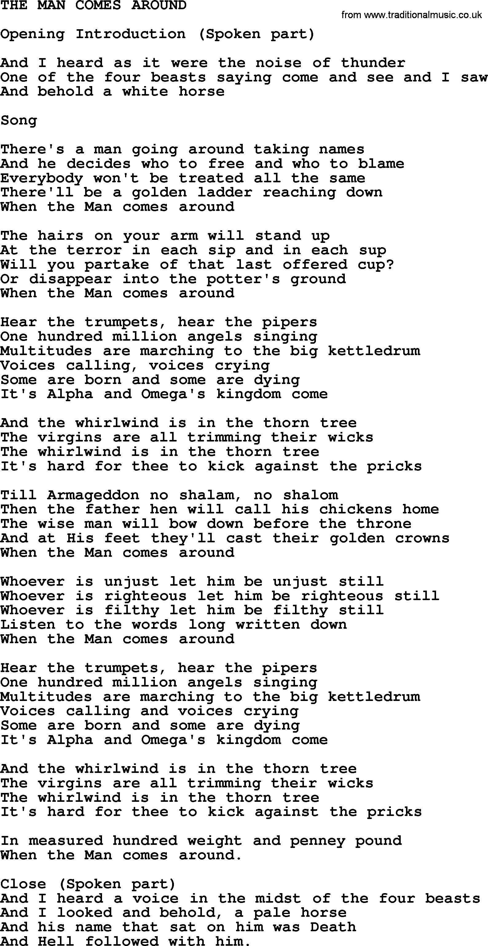 Johnny Cash song The Man Comes Around.txt lyrics