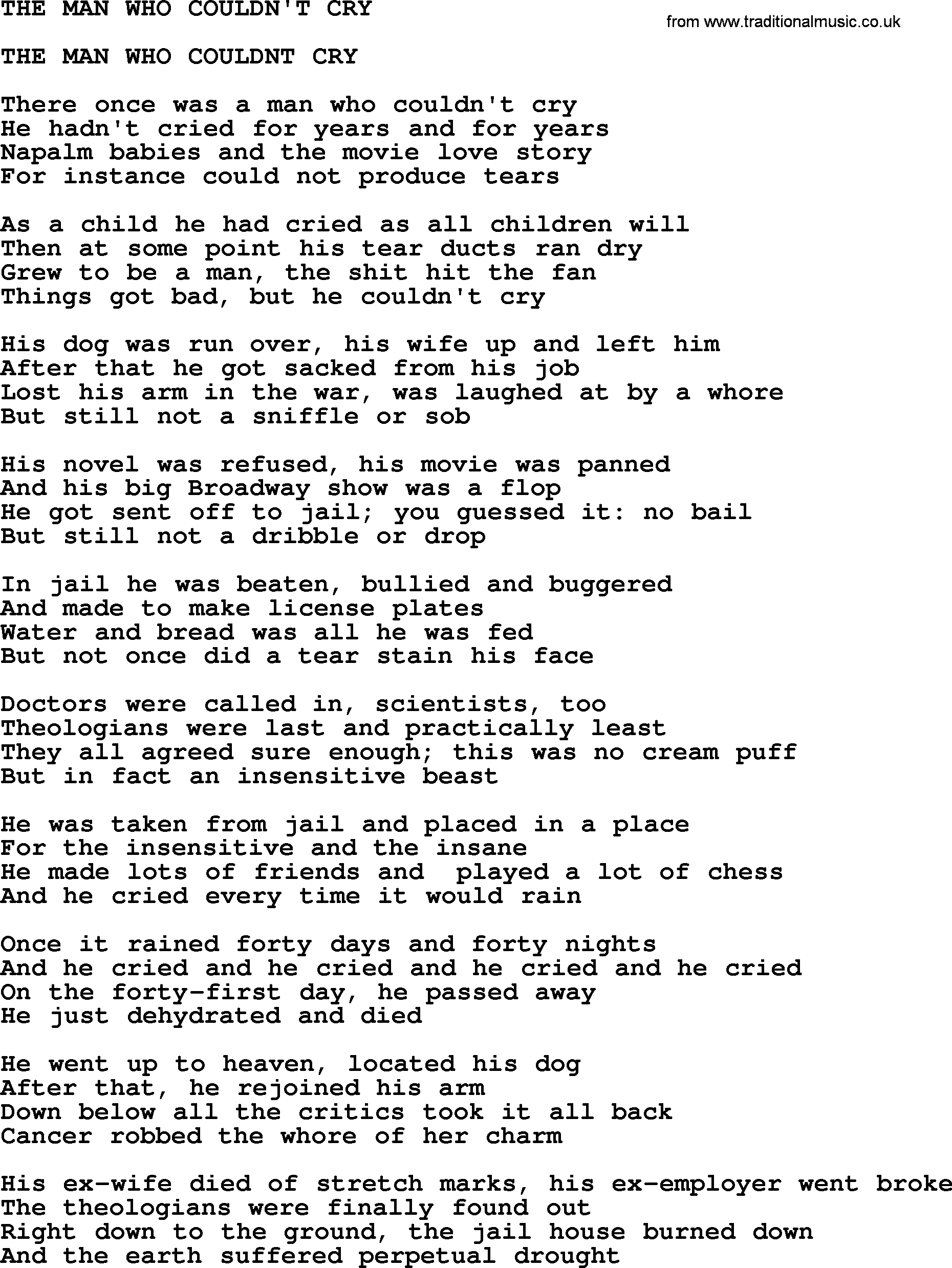Johnny Cash song The Man Who Couldn't Cry.txt lyrics