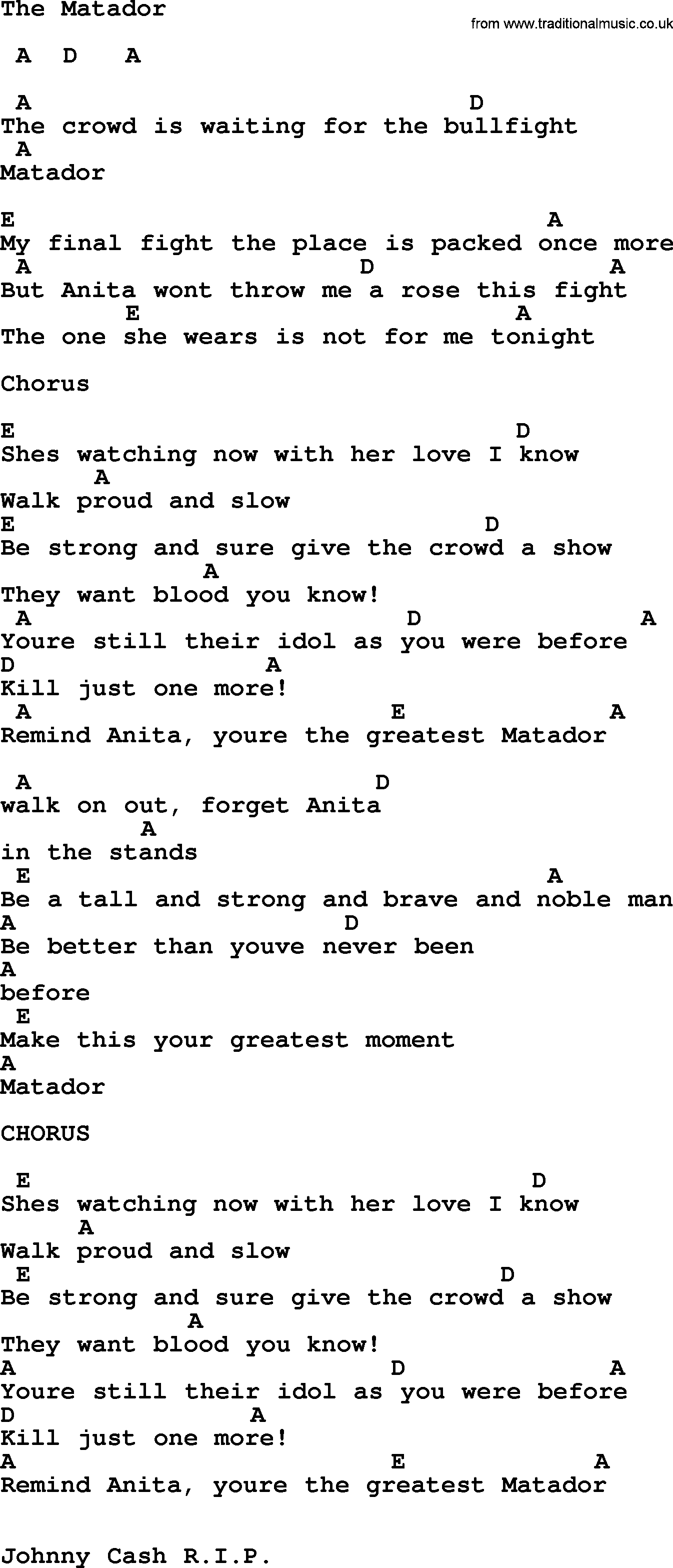 Johnny Cash song The Matador, lyrics and chords